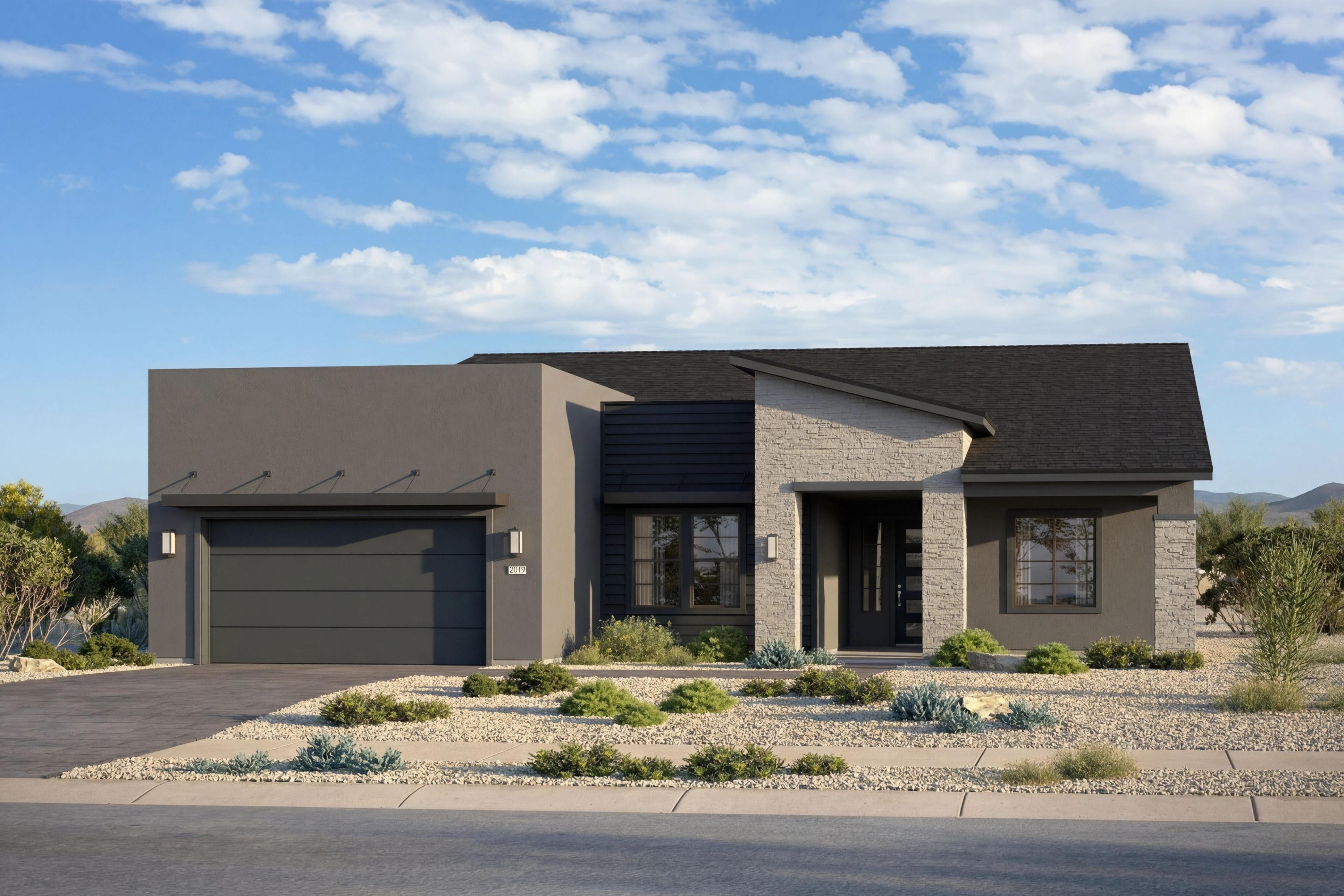 Modern exterior of The Soleil D by Davidson Homes featuring a stone facade, dark trim, and desert landscaping in Prescott.