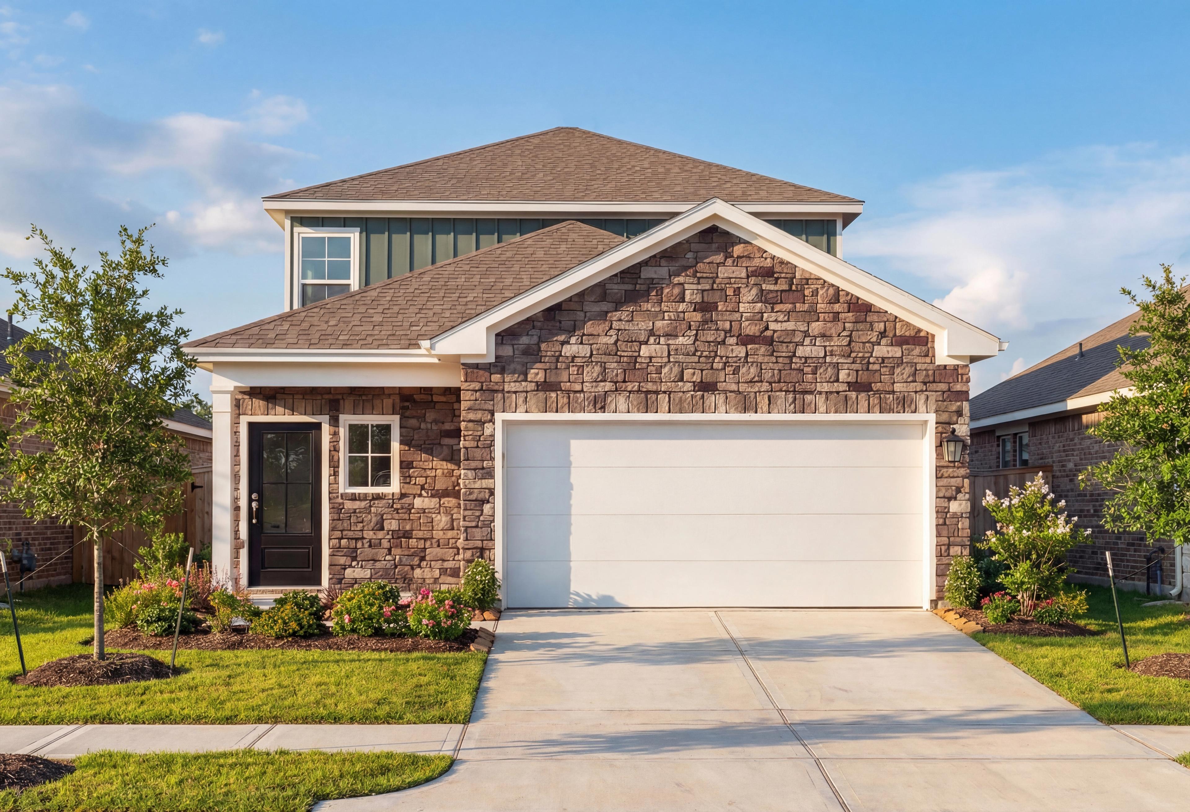 Modern two-story elevation of The Sabine E with stone accents, shingle roof, and 2-car garage amid lush landscaping