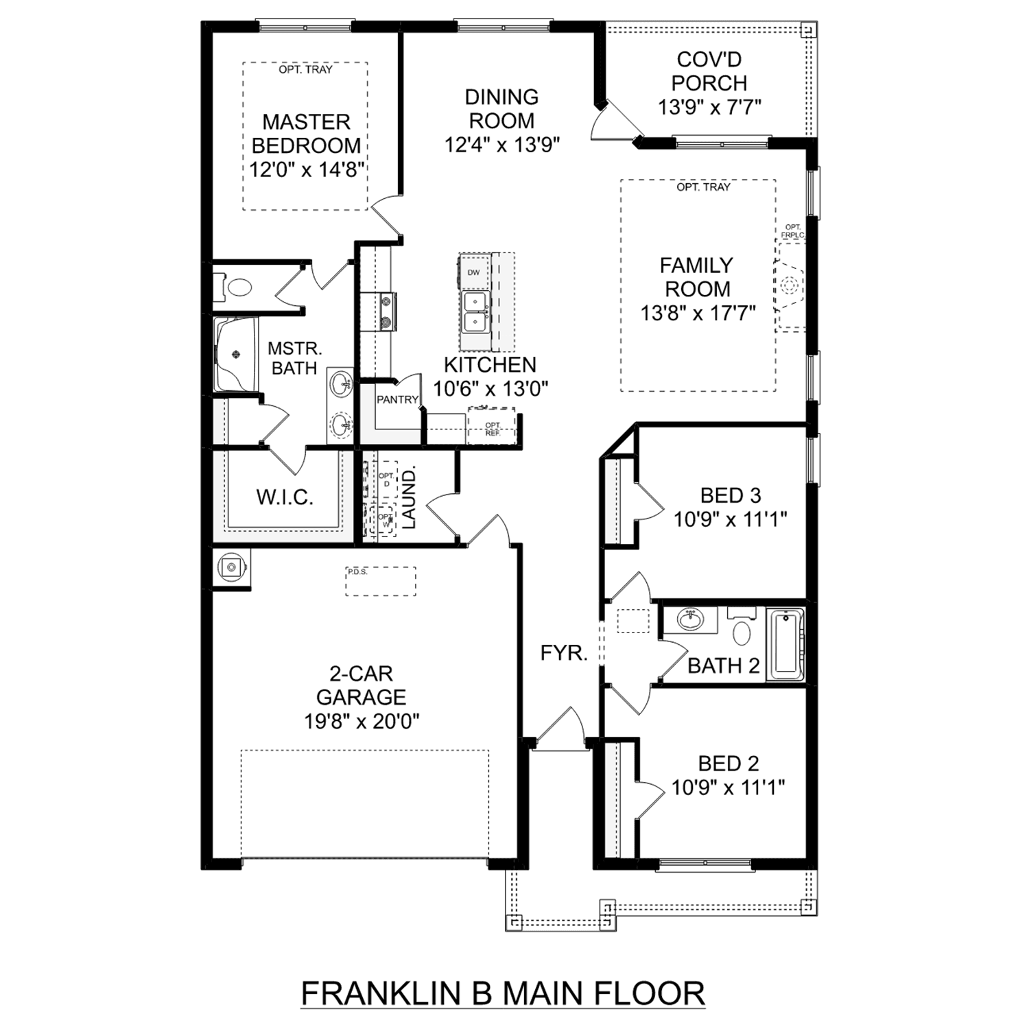 The Franklin B floor plan: 3-bedroom single-story layout with master suite, open family room, dining area, and 2-car garage