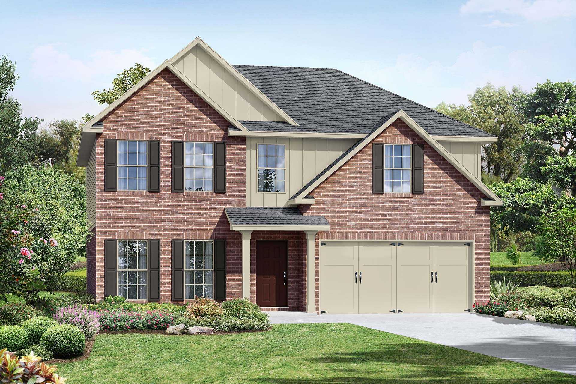 Two-story brick Charleston home elevation with two-car garage, front porch, and lush landscaped yard in Mt. Juliet