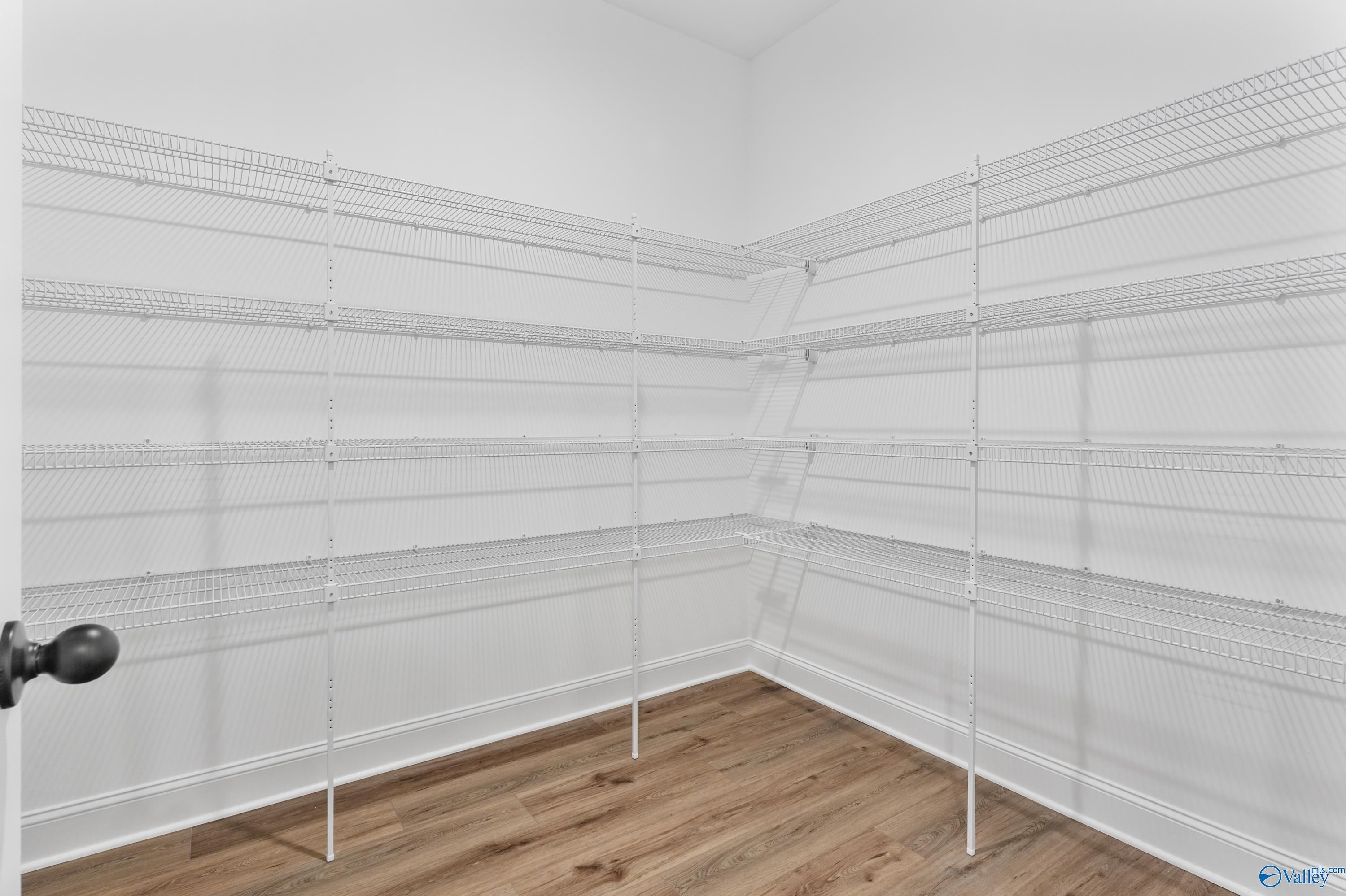 Spacious walk-in pantry with white wire shelving in The Finleigh floor plan by Davidson Homes, Creekside, Harvest, Alabama