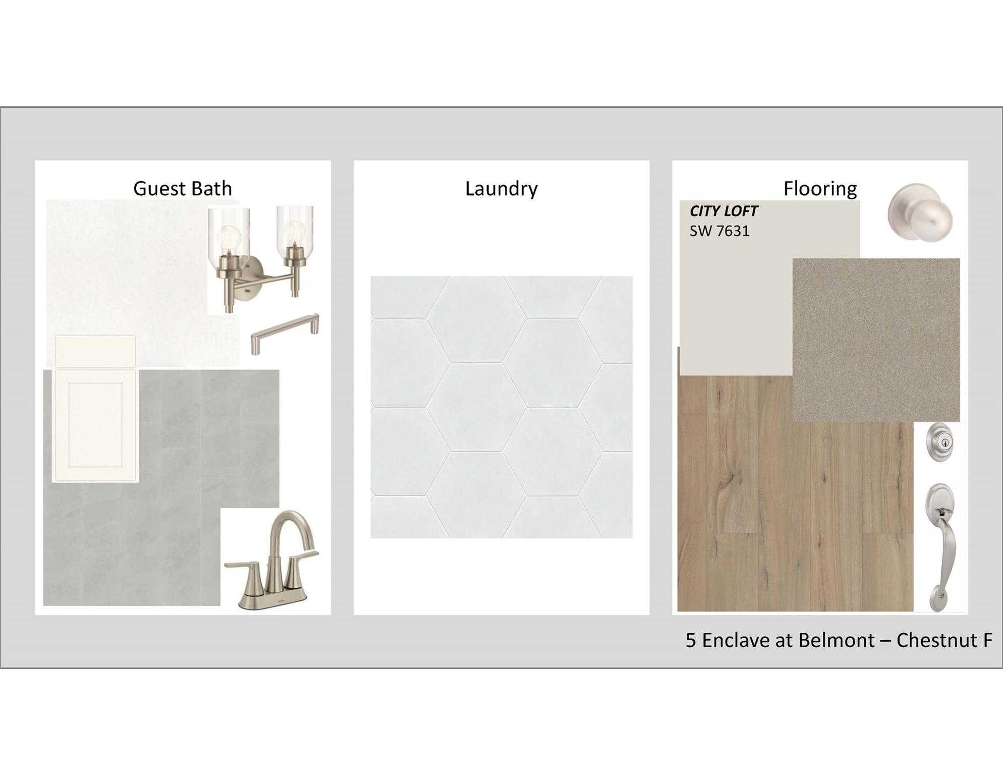 Guest bath with sconces and hexagon tiles, laundry flooring, SW 7051 wood samples for Chestnut F in Enclave at Belmont, NC