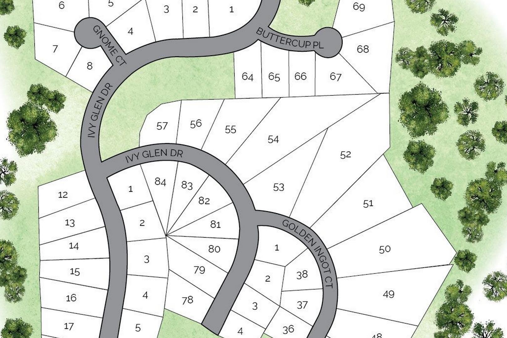 Ivy Glen community site plan in Perry Georgia by Evermore Homes featuring numbered lots and tree-lined streets