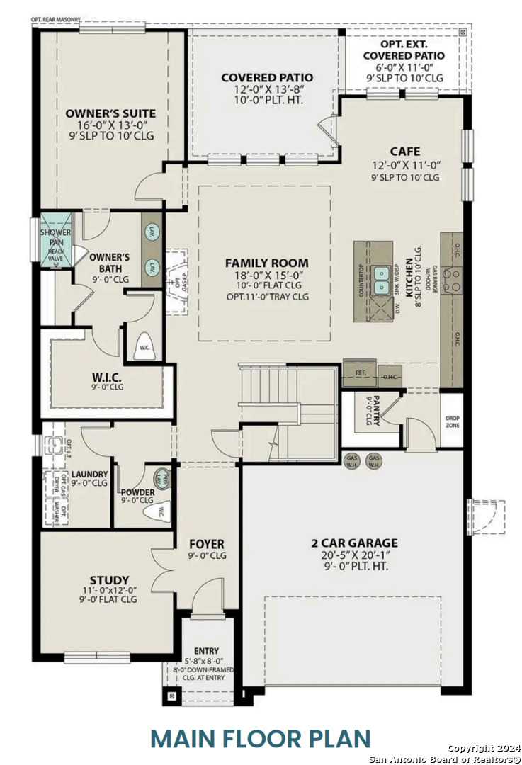 Main floor plan of The Sequoia A by Davidson Homes: open kitchen, family room, owner's suite, 2-car garage in Elmendorf, Texas