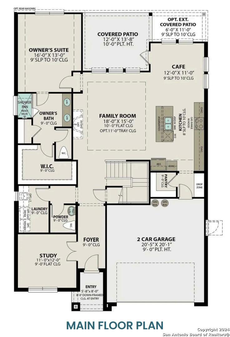 Main floor plan of The Sequoia A by Davidson Homes: open kitchen, family room, owner's suite, 2-car garage in Elmendorf, Texas