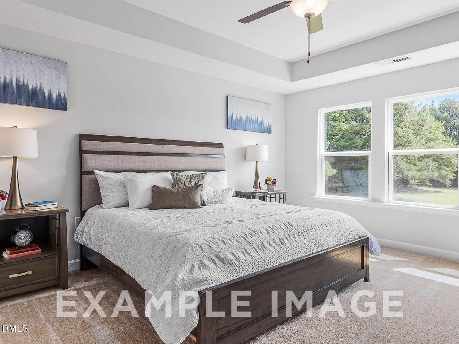 Elegant master bedroom with king bed, tray ceiling, ceiling fan, bedside lamps, and tree-view windows in Davidson Homes The Chestnut B, Lillington, NC
