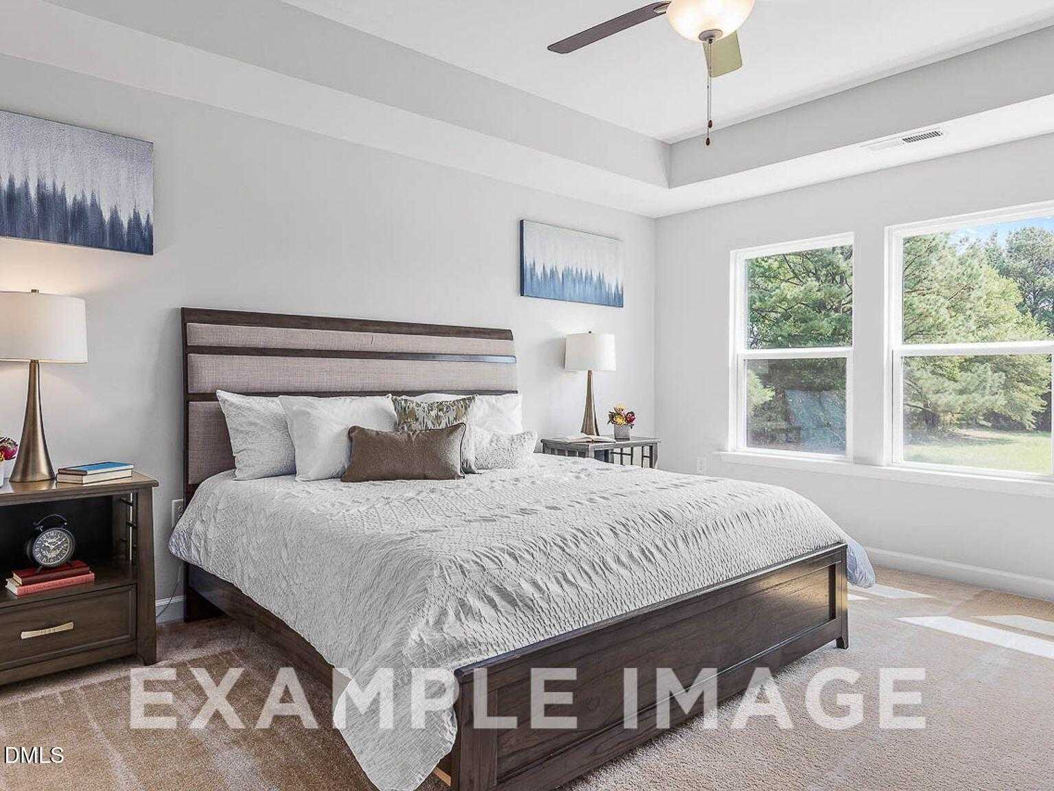 Elegant master bedroom with king bed, tray ceiling, ceiling fan, bedside lamps, and tree-view windows in Davidson Homes The Chestnut B, Lillington, NC