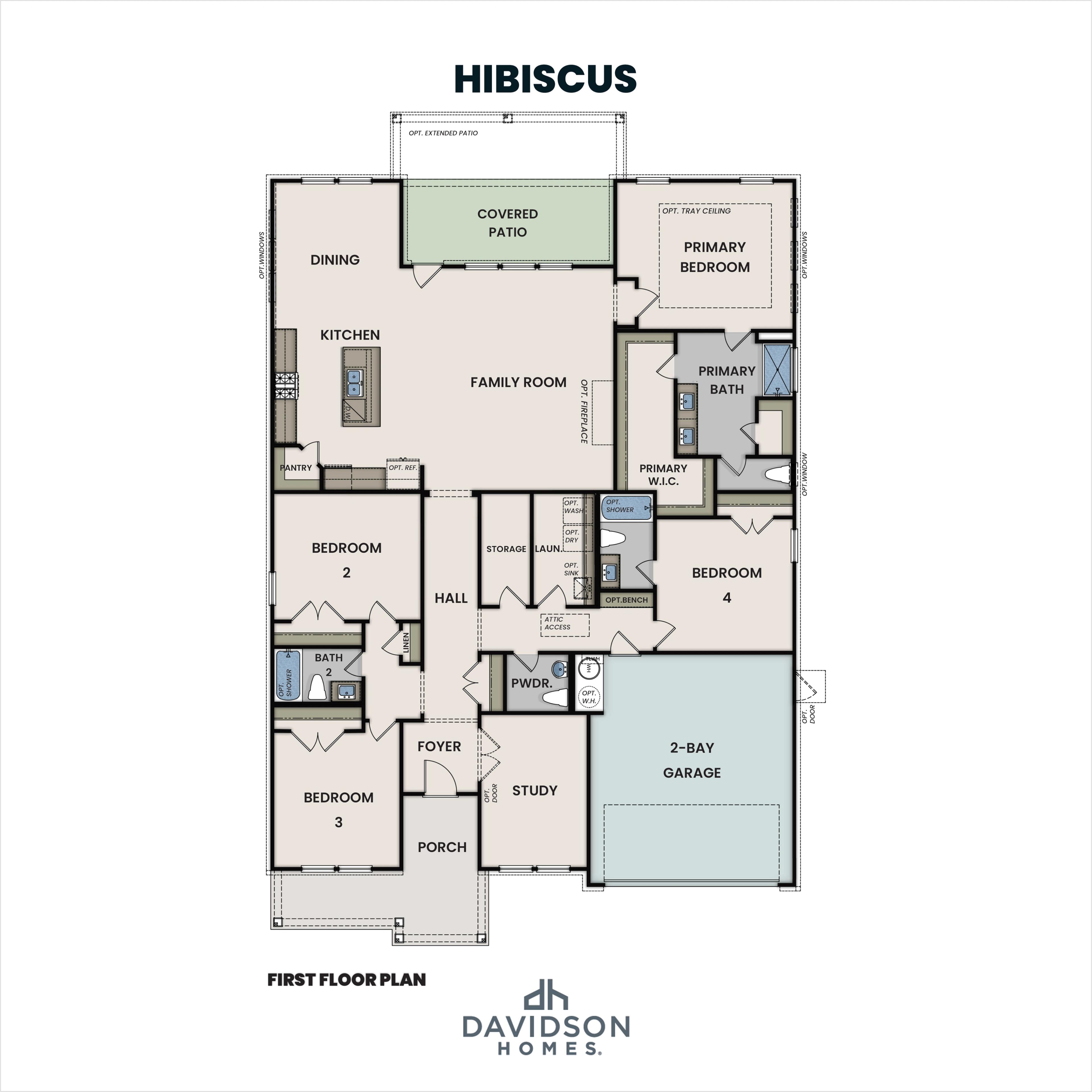 Main level floor plan of The Hibiscus featuring open-concept family room, gourmet kitchen, and primary suite in Cullman, AL.