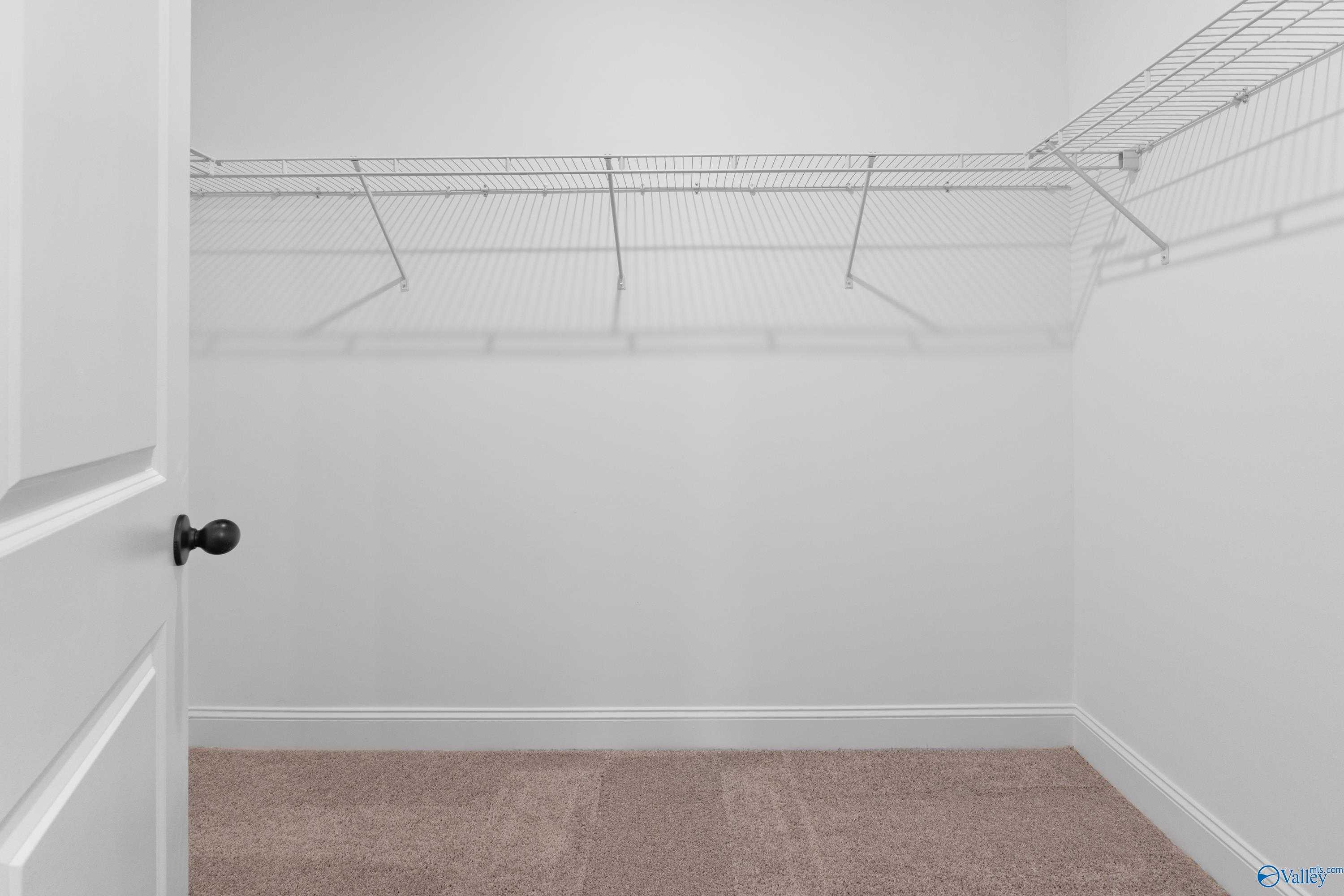 Spacious walk-in closet with wire shelving and beige carpet in The Franklin C master suite, Davidson Homes, Clearview, Hazel Green, Alabama