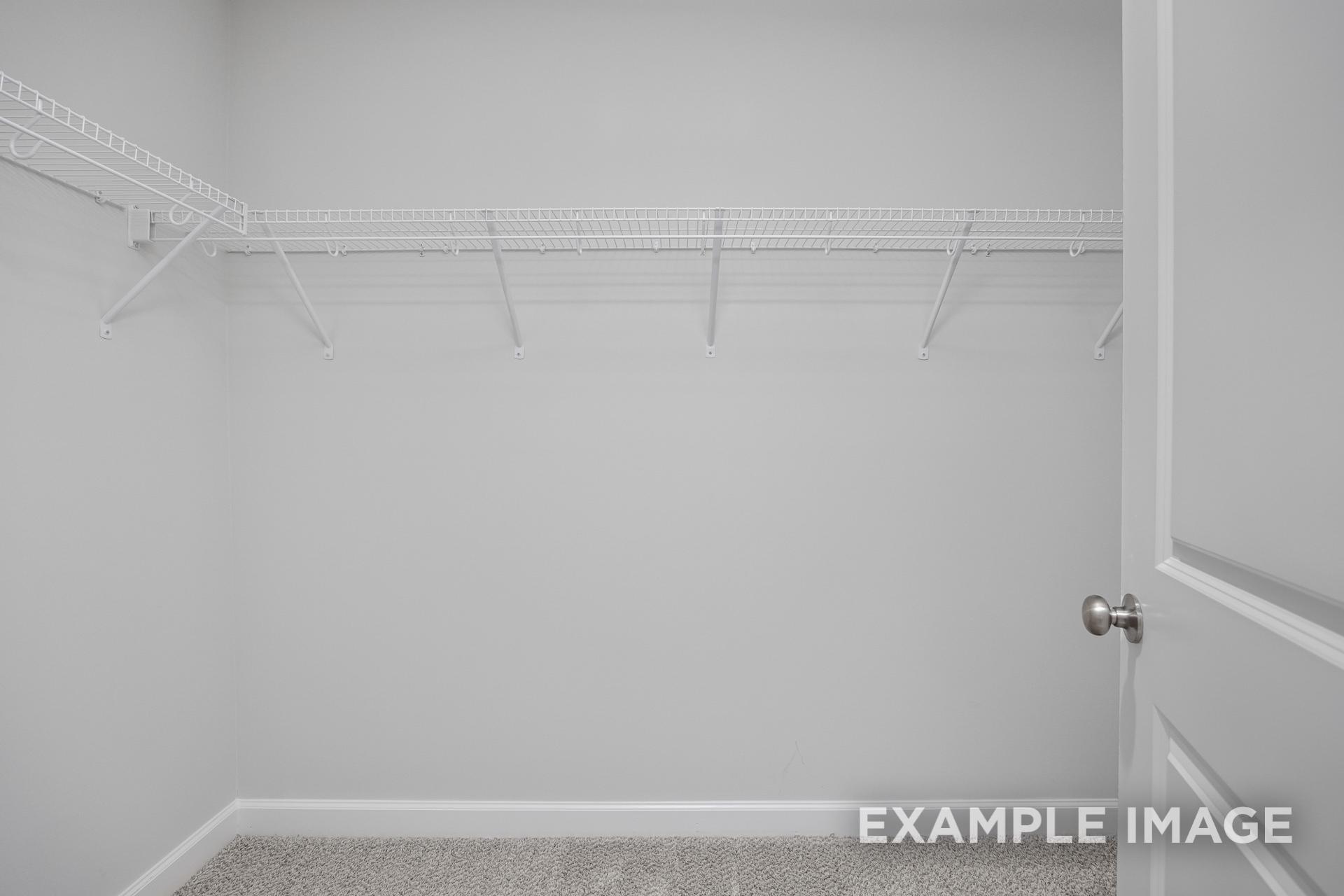 Spacious walk-in closet in The Grace C master suite featuring white wire shelving, neutral walls, and carpeted floor