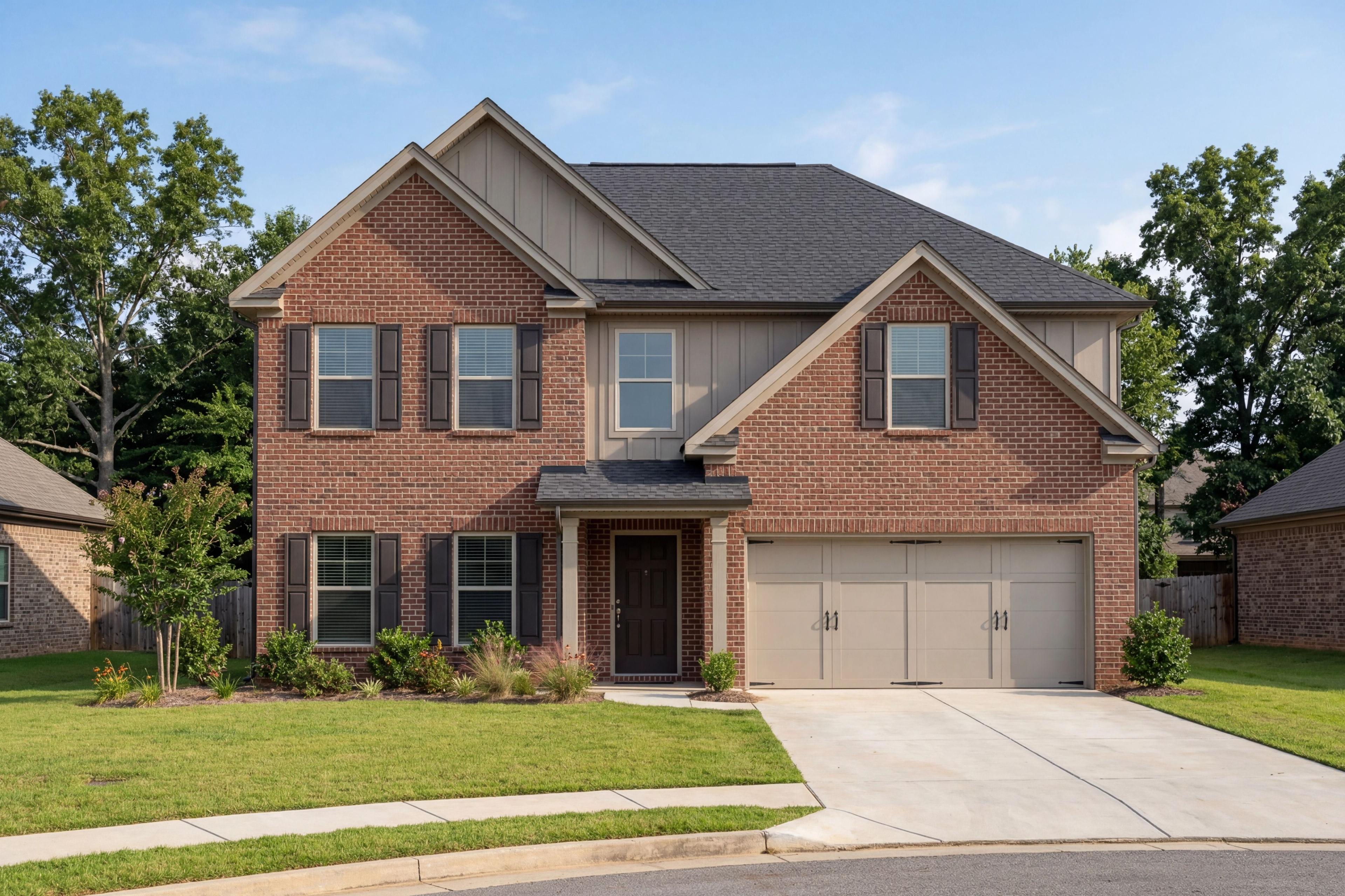 The Charleston D by Davidson Homes featuring a 2-story brick exterior with a 2-car garage in Athens, Alabama.
