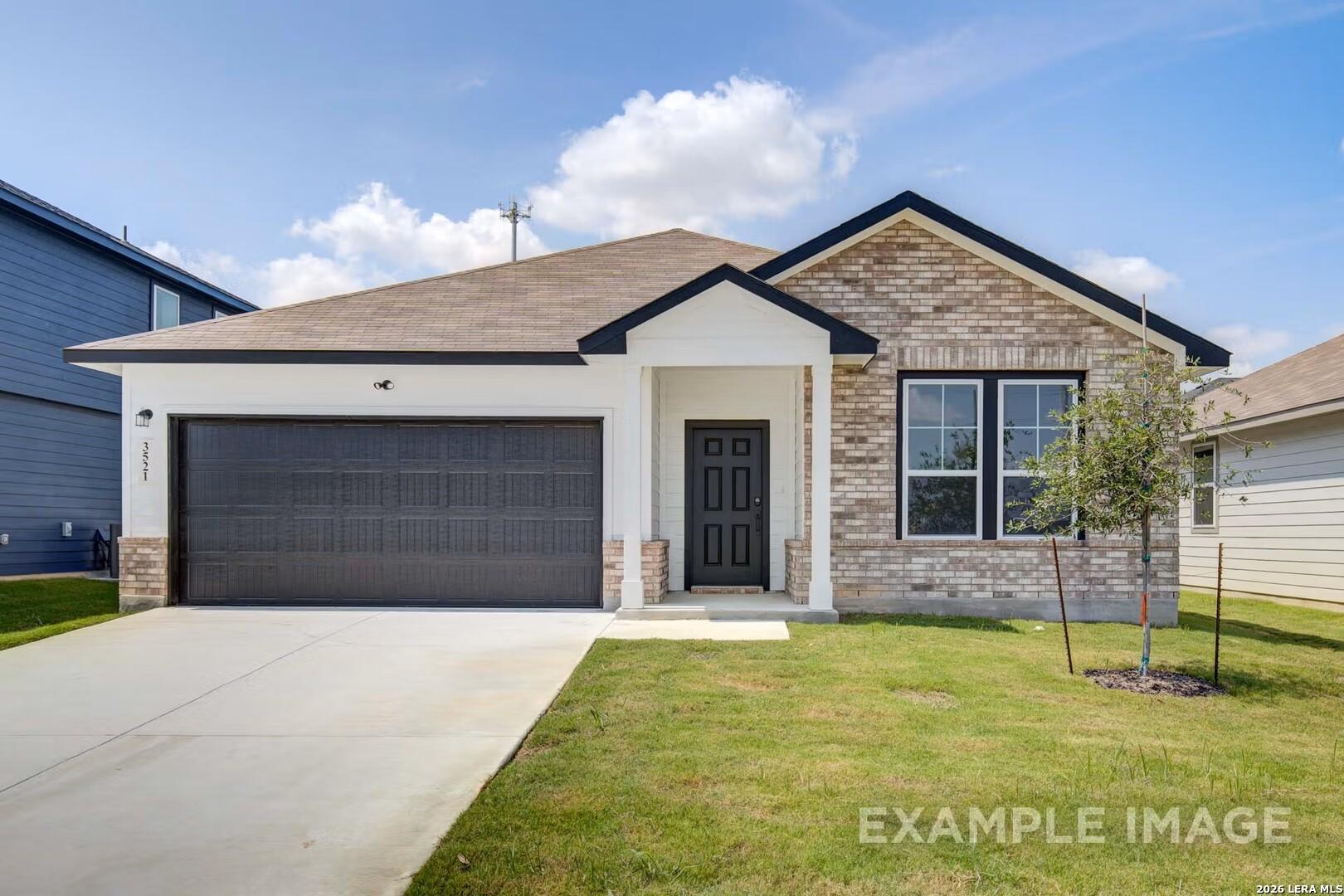 Modern single-story 4-bedroom home with 2-car garage, brick exterior and covered porch in Bricewood, San Antonio, Texas by Davidson Homes