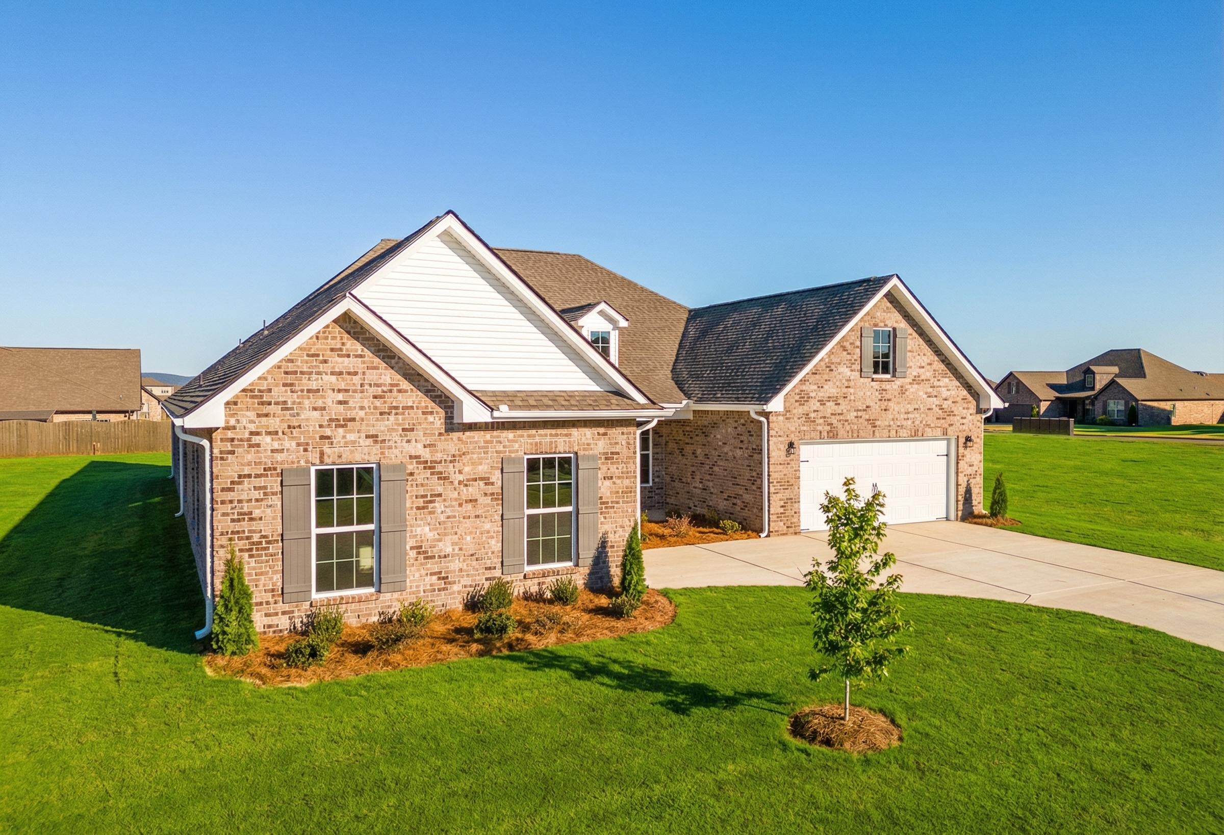 Modern brick facade of The Valencia 1-story home featuring 3-car garage, gabled roof, and lush landscaped yard