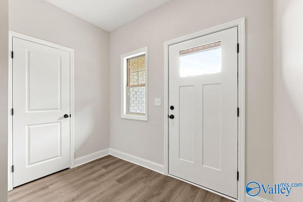 Bright entryway with modern white door and wood-style flooring in The Camilla C home at The Retreat at Cain Park, Hartselle.