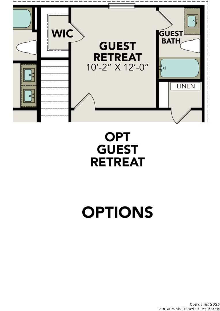 Second floor plan of The Douglas C with two bedrooms, guest bath, linen closet, and optional guest retreat in Hannah Heights, Seguin, Texas