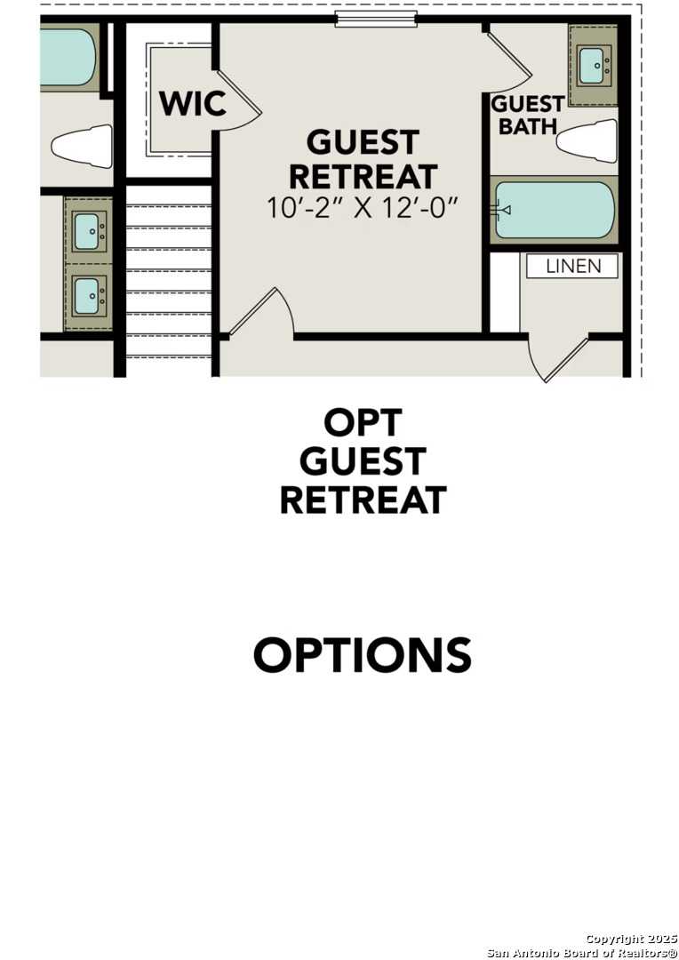 Second floor plan of The Douglas C with two bedrooms, guest bath, linen closet, and optional guest retreat in Hannah Heights, Seguin, Texas