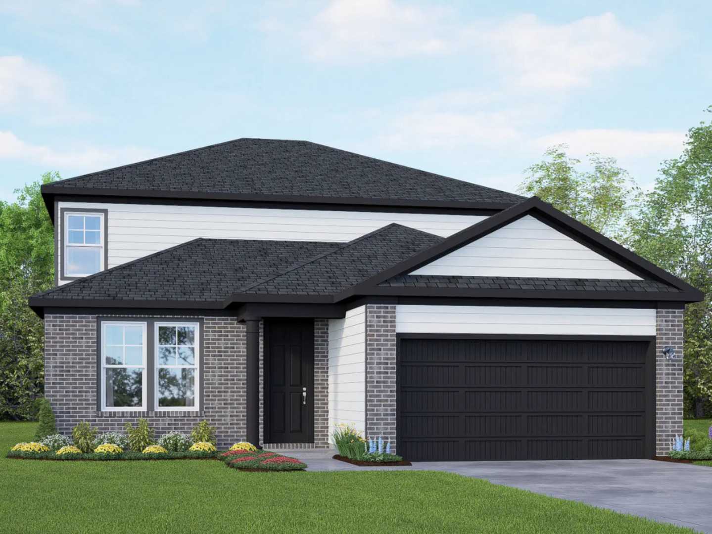 Modern 2-story brick home with black roof, 2-car garage, and landscaped yard in Hannah Heights, Seguin, Texas - Davidson Homes Douglas C