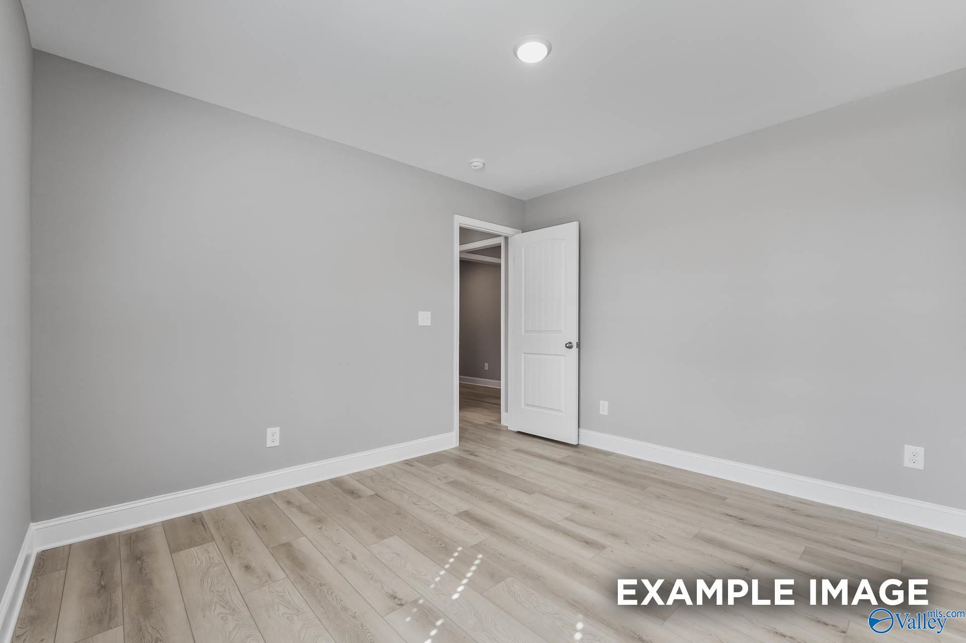 Spacious bedroom with light gray walls, laminate wood floors, and open walk-in closet door in Davidson Homes Everett B, Toney, Alabama