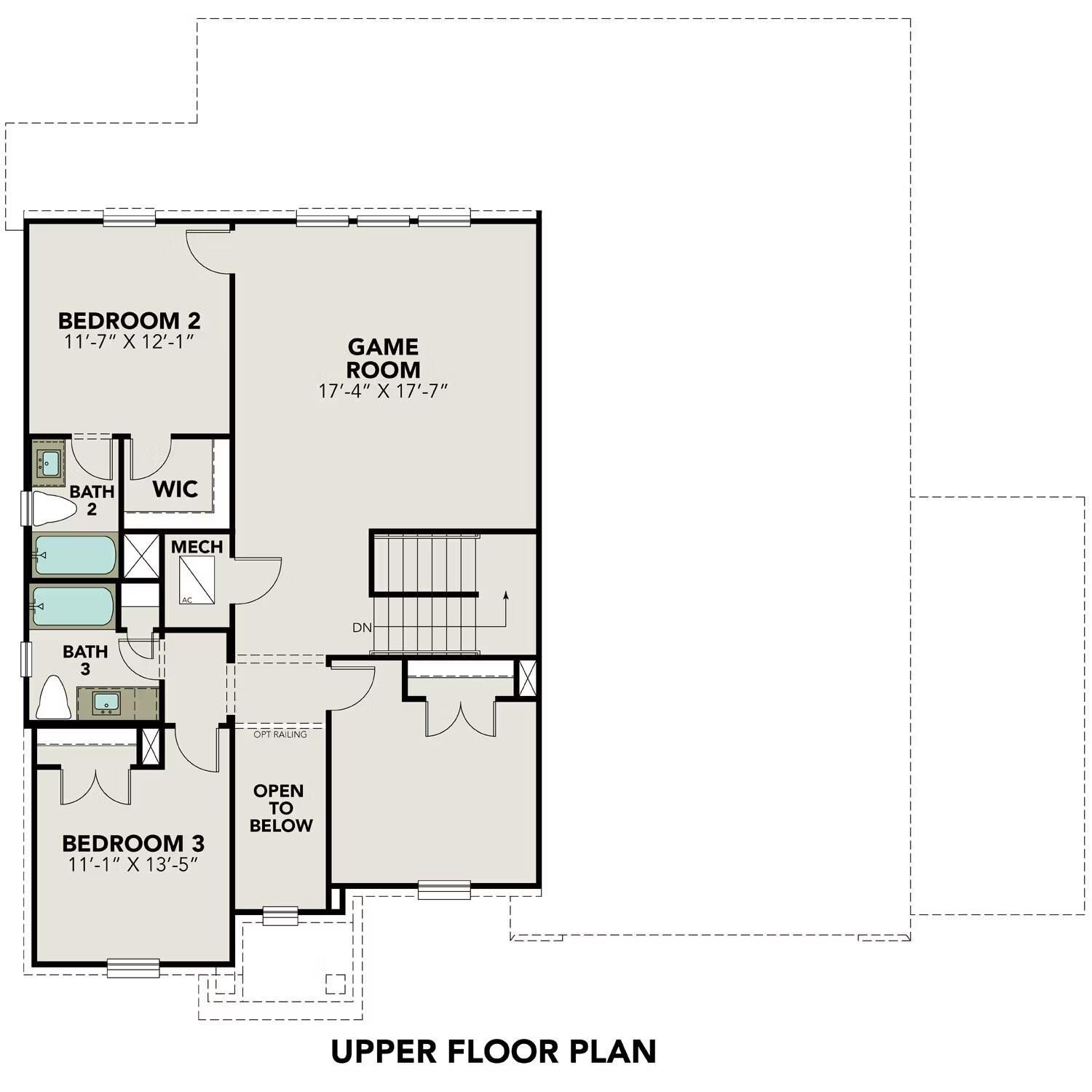 Upper floor plan of The Philip A: Bedroom 2 (11x12), 17x17 game room, Bath 2 & 3 in Davidson Homes, Lago Mar, Texas City