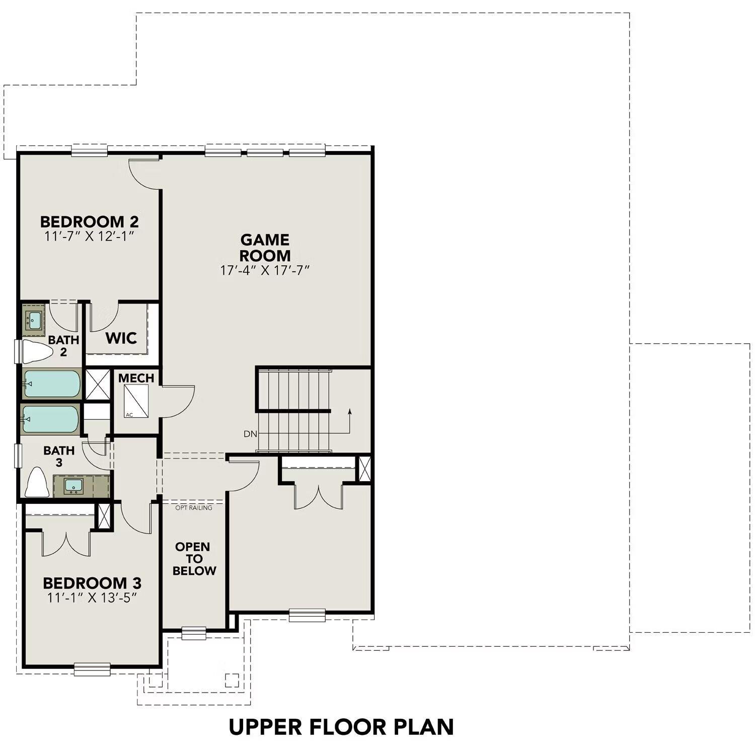 Upper floor plan of The Philip A: Bedroom 2 (11x12), 17x17 game room, Bath 2 & 3 in Davidson Homes, Lago Mar, Texas City
