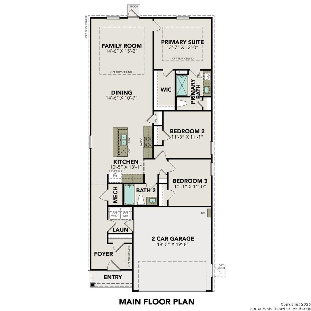 The Frio C floor plan: 3-bed, 2-bath, 1,464 sq ft single-story layout with open kitchen, family room, primary suite, and 2-car garage in Agave, San Antonio