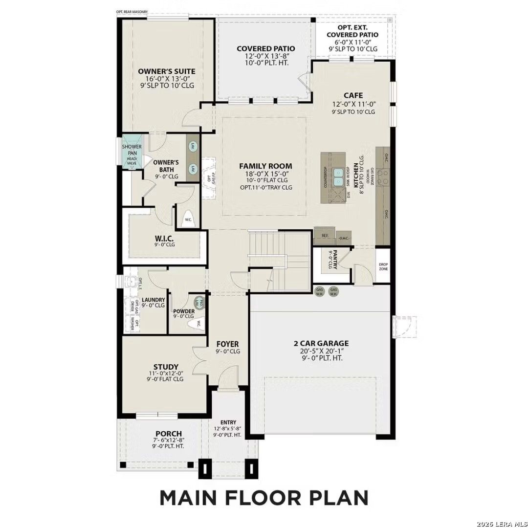 Main floor plan of The Sequoia C by Davidson Homes: 4-bedroom layout with owner's suite, open kitchen, family room, and 2-car garage in Horizon Pointe, Converse, Texas