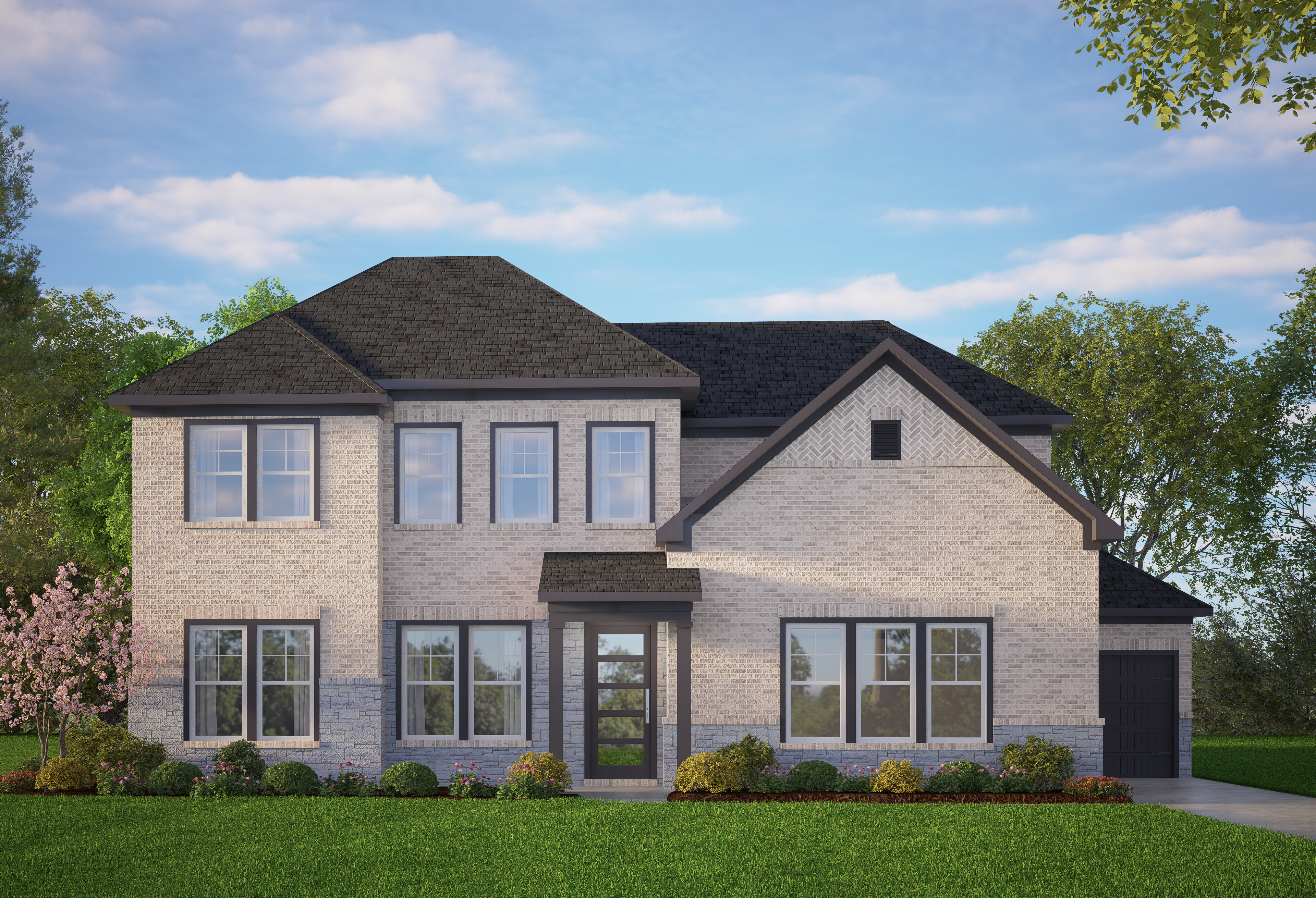 Two-story brick exterior of The Belmont G home with 3-car garage, covered porch, and lush landscaped yard in Castroville, Texas