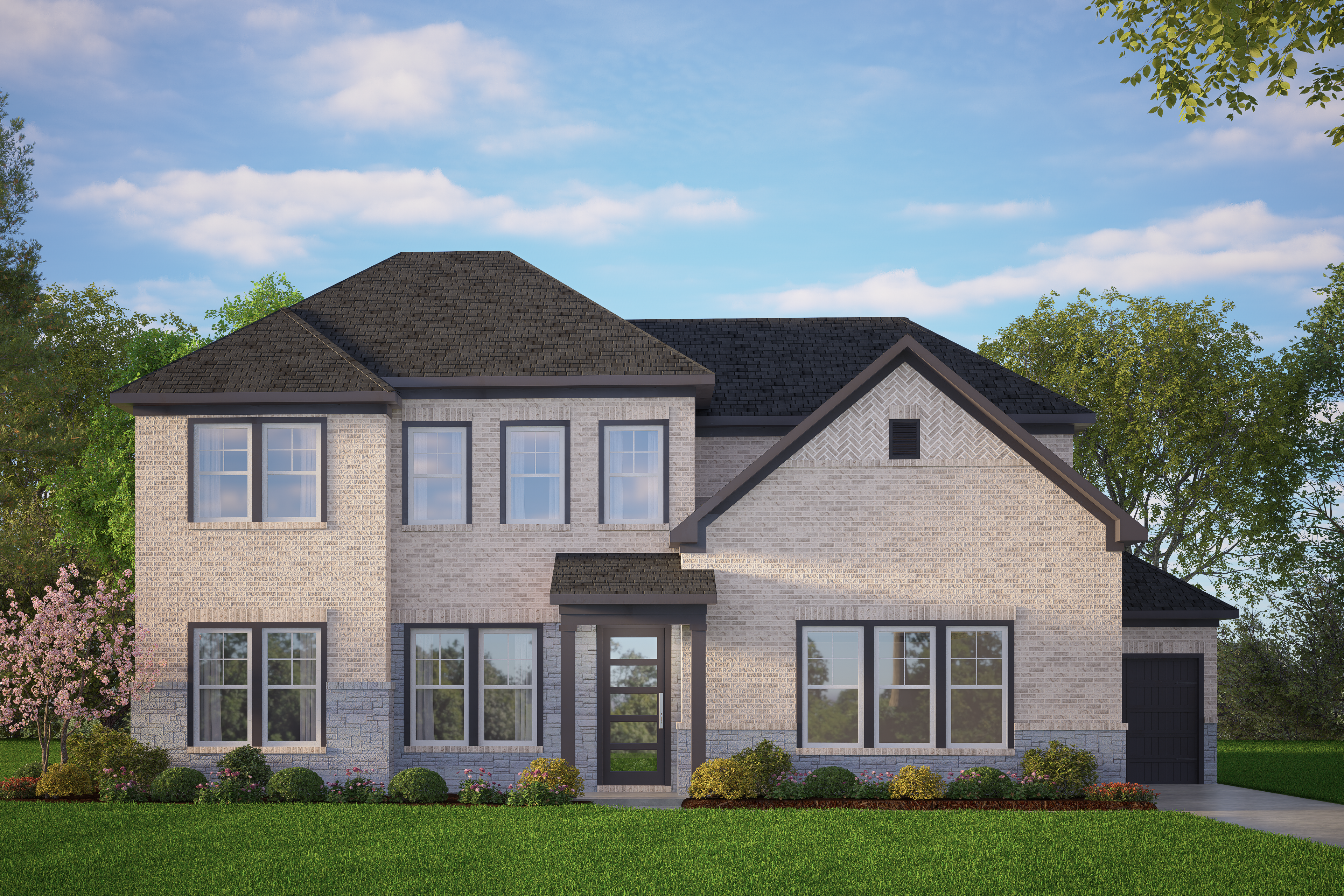 Two-story brick exterior of The Belmont G home with 3-car garage, covered porch, and lush landscaped yard in Castroville, Texas