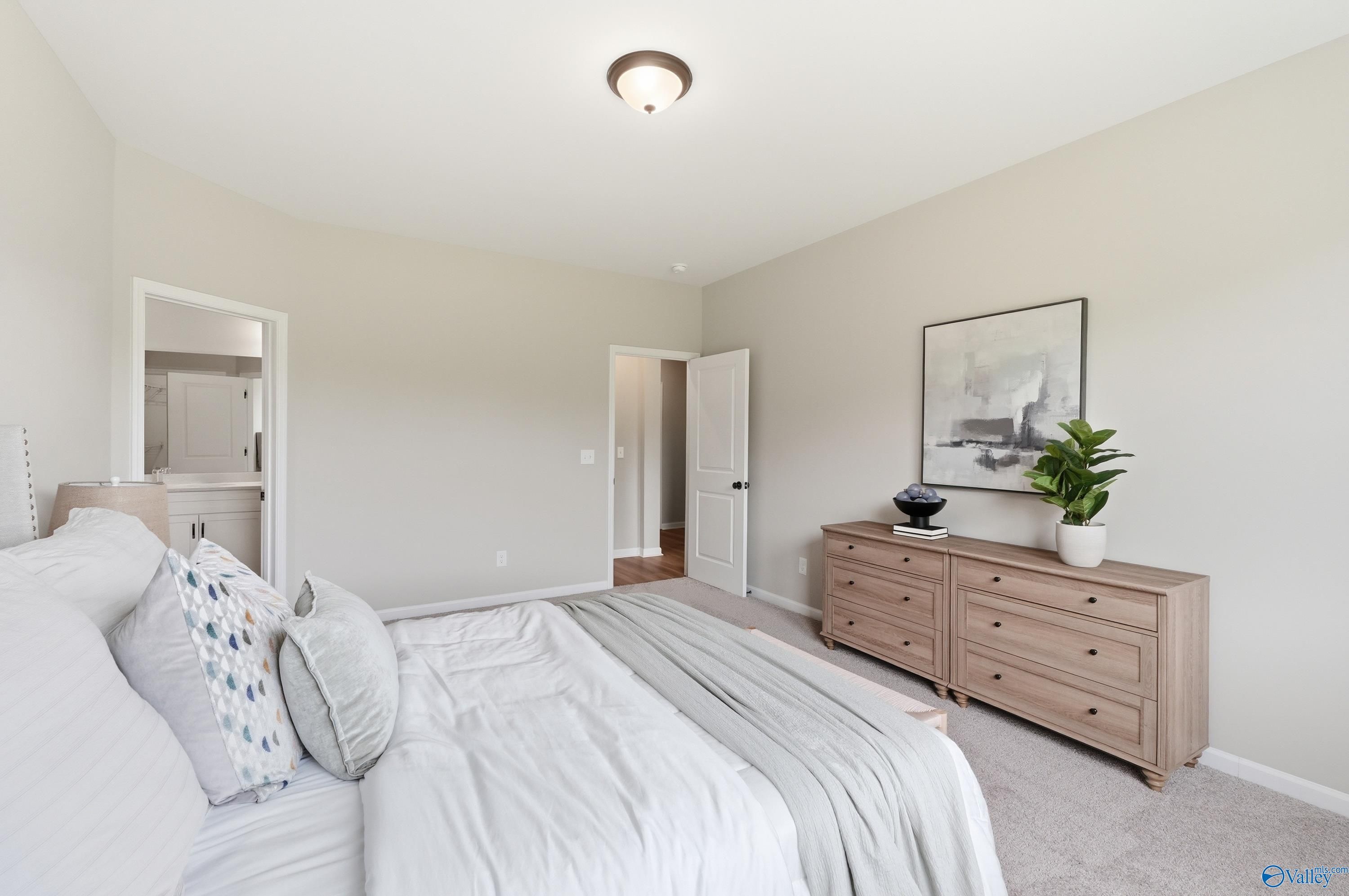 Serene master bedroom with king bed, oak dresser, abstract wall art, potted plant, and en-suite bath in Davidson Homes The Dorado, Huntsville AL