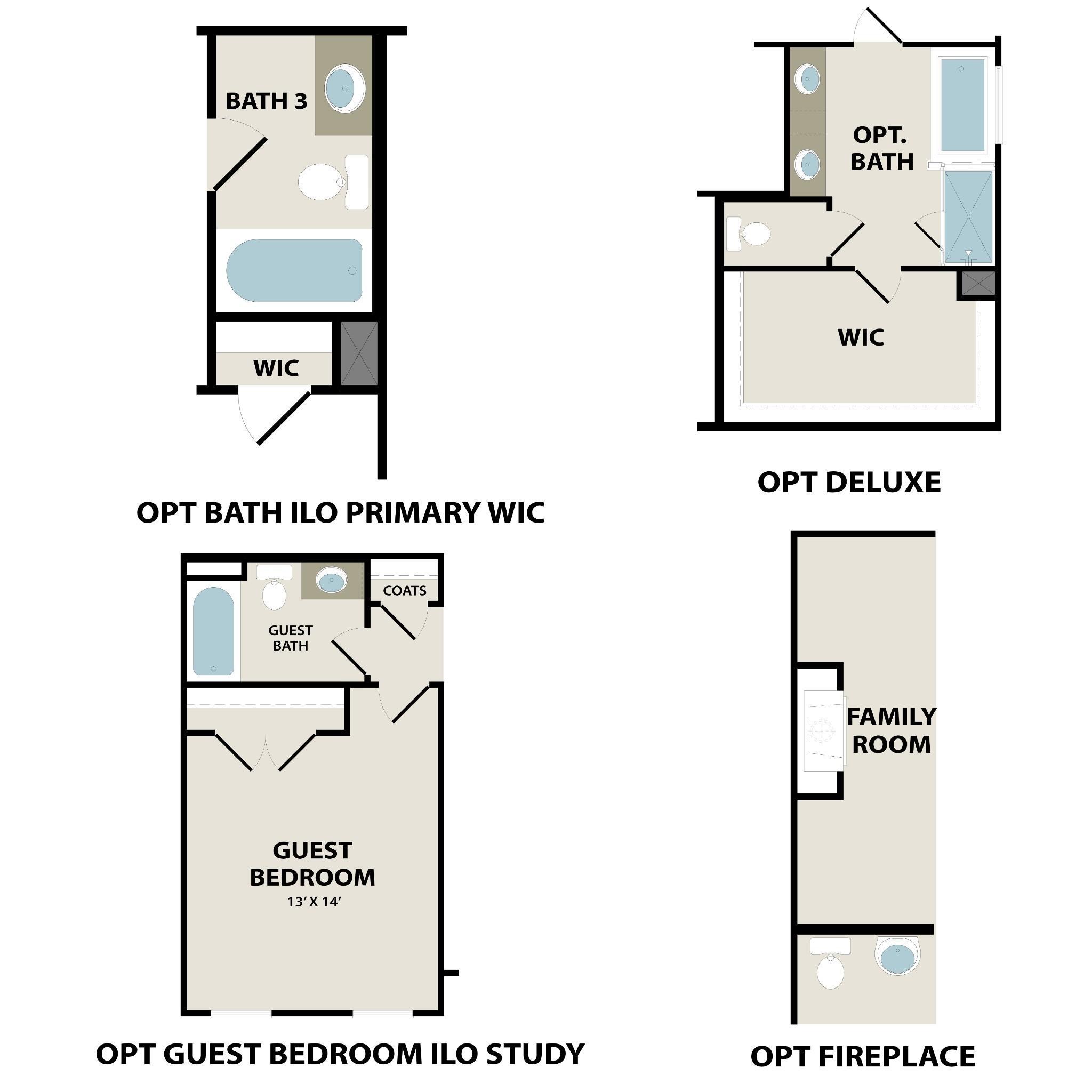Optional floor plan layouts for Davidson Homes The Henry C in Benders Cove, Mt. Juliet, TN showing guest bedroom, bath, and fireplace options