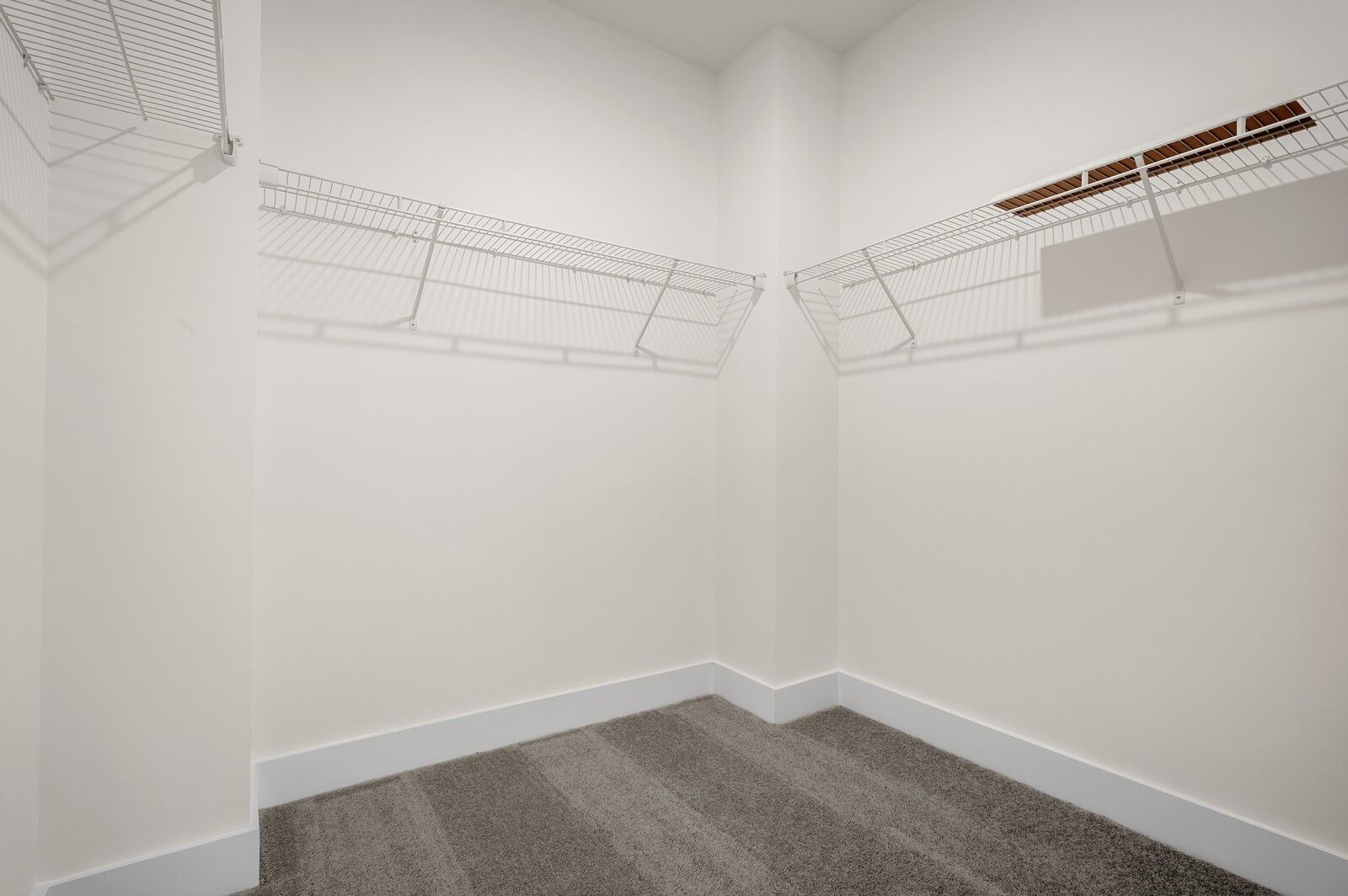 Walk-in closet with white wire shelving and carpeted floors in The Ash A floor plan at Woods Crossing, Gallatin, TN.