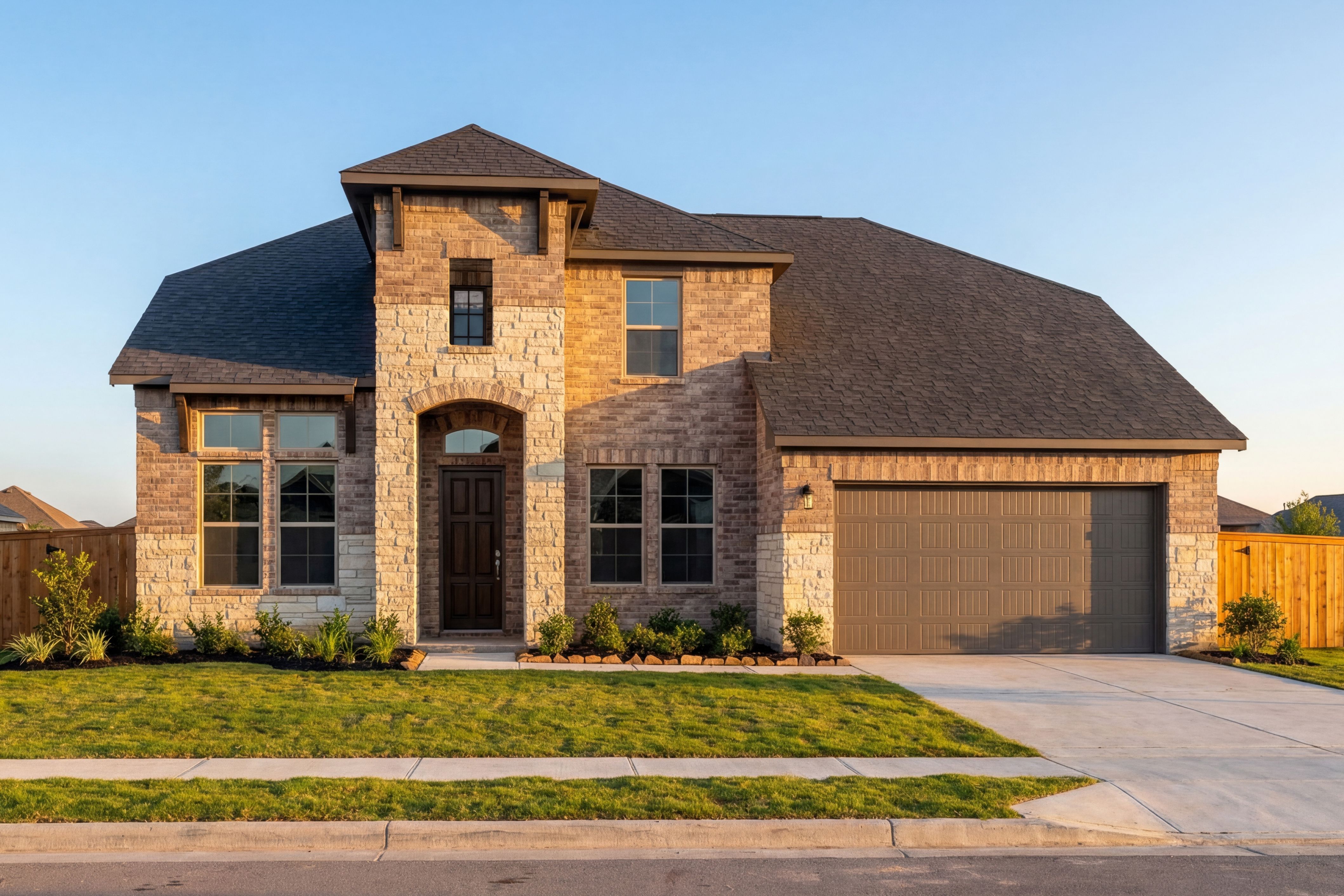 Two-story Victoria C home elevation with stone-brick facade, arched entry, large windows, three-car garage, and lush landscaped yard in Rosharon, TX