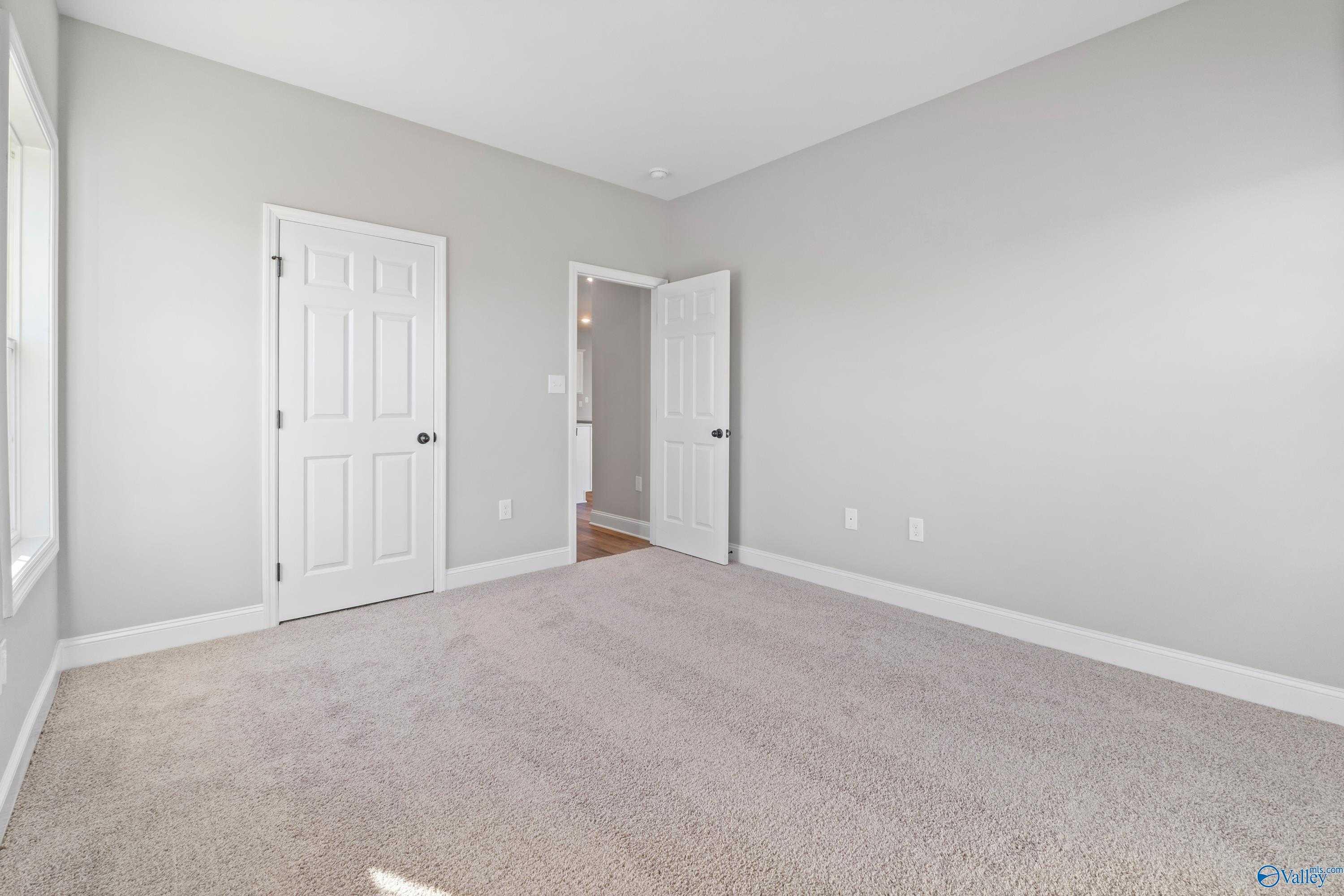 Spacious secondary bedroom with light gray walls, beige carpet, white doors, and bath access in Davidson Homes The Valencia, Meridianville, Alabama