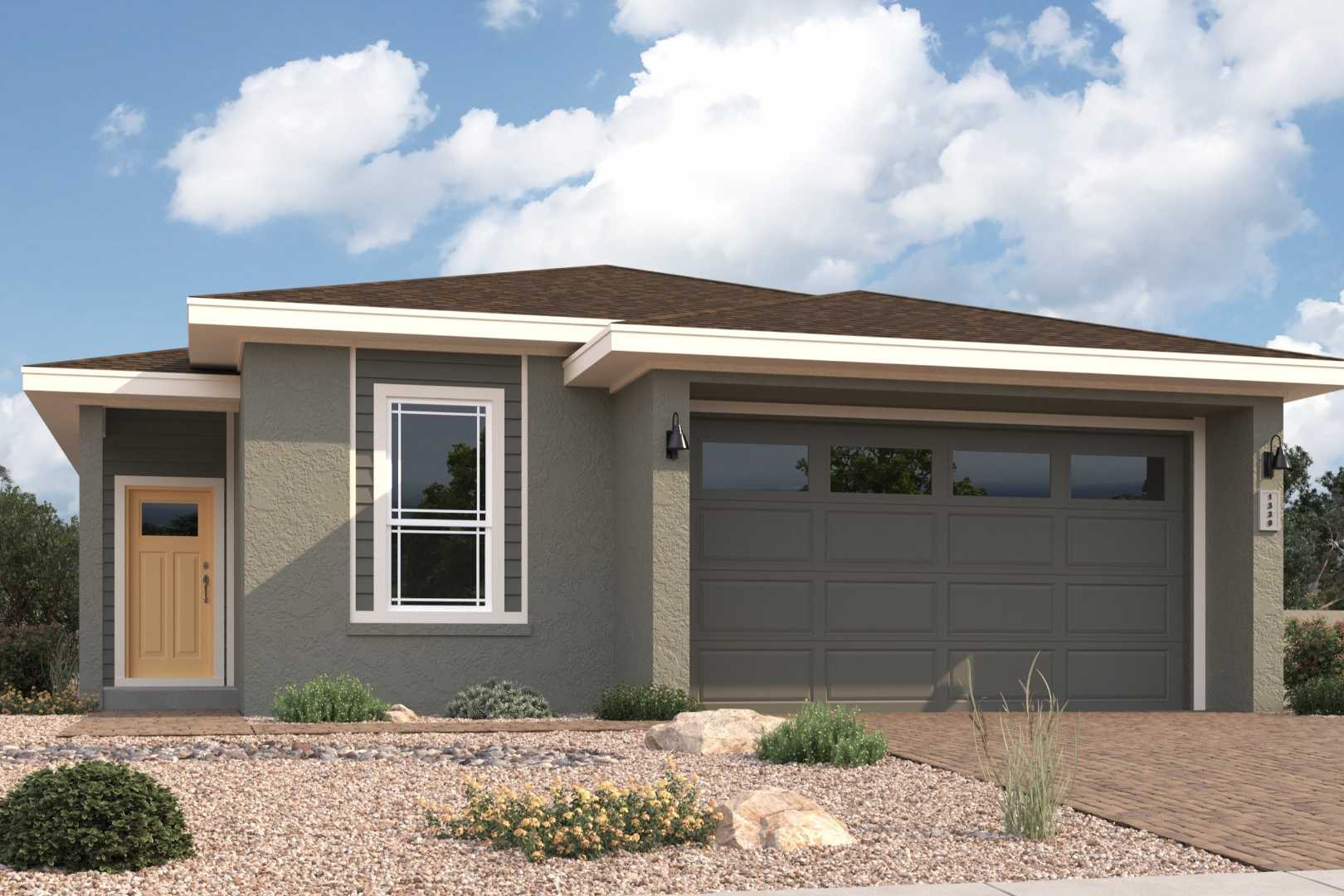 Modern single-story The Malibu A home elevation with gray siding, hip roof, large windows, 2-car garage, desert landscaping in Prescott, AZ