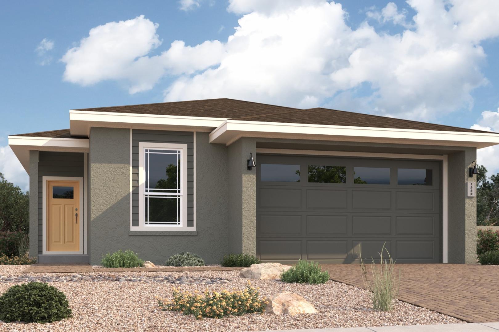 Modern single-story The Malibu A home elevation with gray siding, hip roof, large windows, 2-car garage, desert landscaping in Prescott, AZ