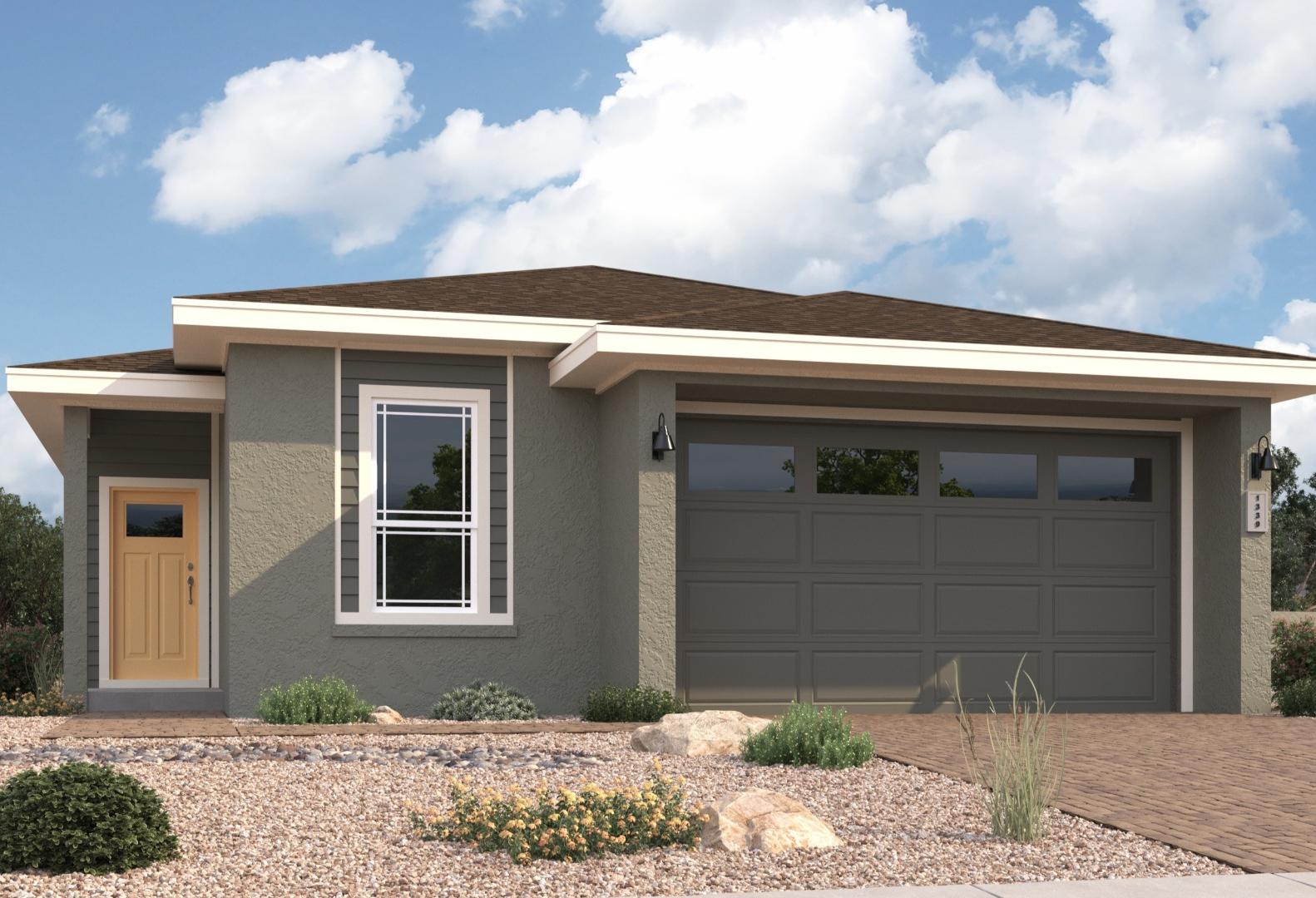 Modern single-story The Malibu A home elevation with gray siding, hip roof, large windows, 2-car garage, desert landscaping in Prescott, AZ