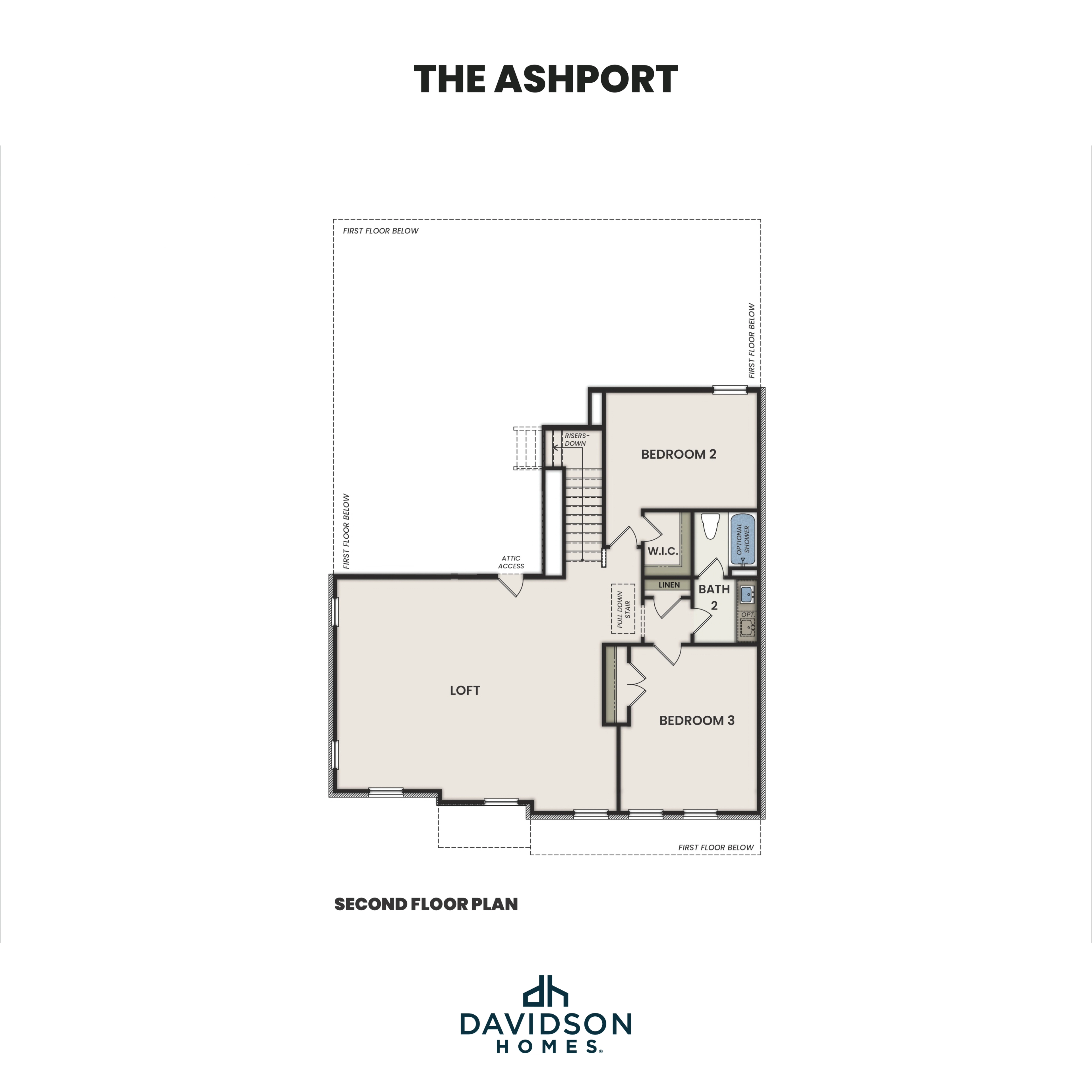 Second floor plan of The Ashport showcasing loft, Bedroom 2, Bedroom 3, Bath 2, and attic access by Davidson Homes