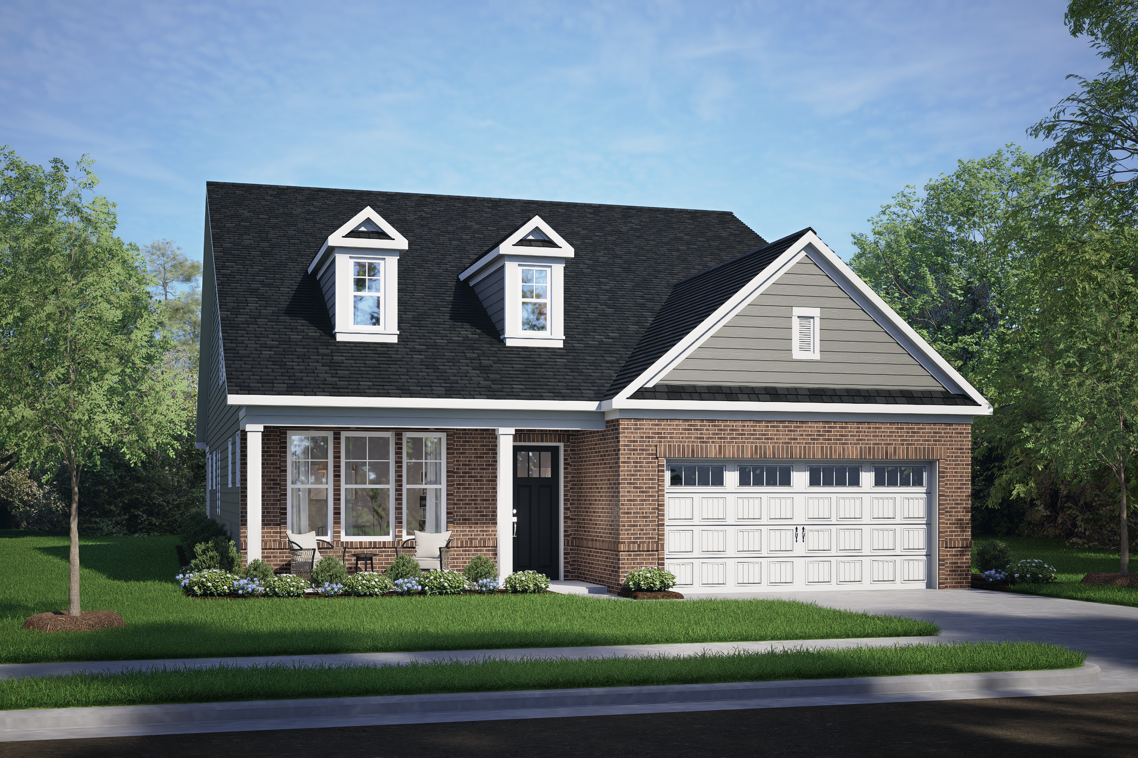Two-story Birch II C home exterior by Davidson Homes in Wake Forest, NC, with brick siding, gabled roof, 2-car garage, and landscaped yard