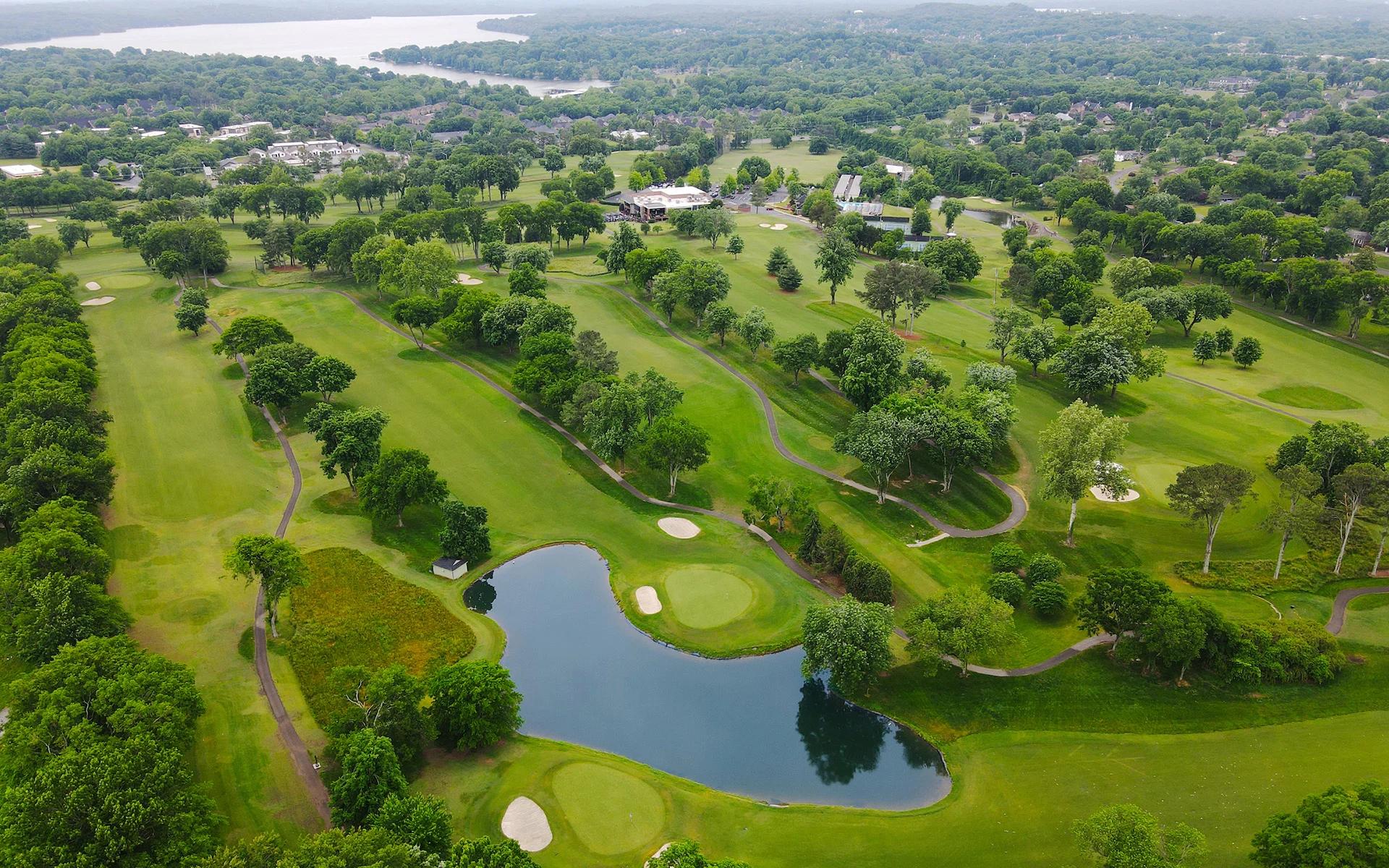 Aerial view of lush green golf course near Jackson Village in Hendersonville, Tennessee by Davidson Homes.