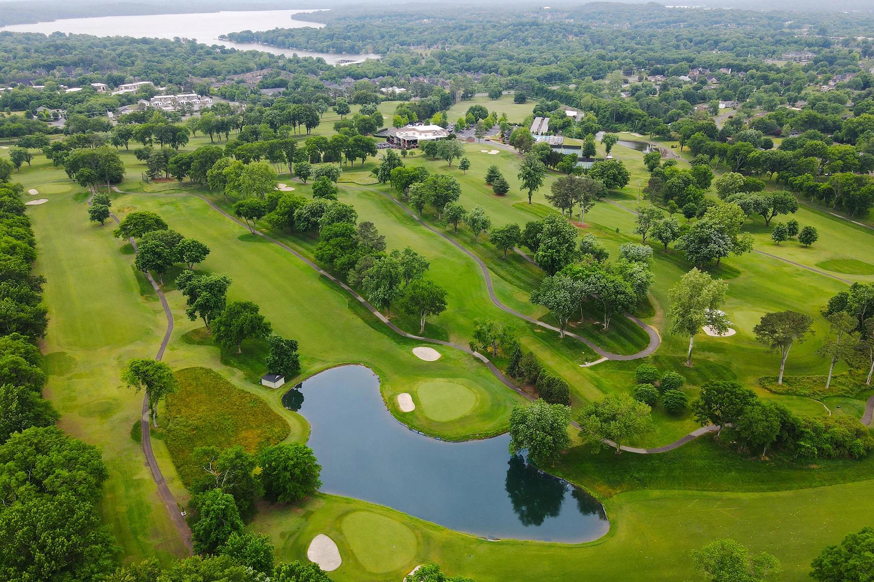 Aerial view of lush green golf course near Jackson Village in Hendersonville, Tennessee by Davidson Homes.