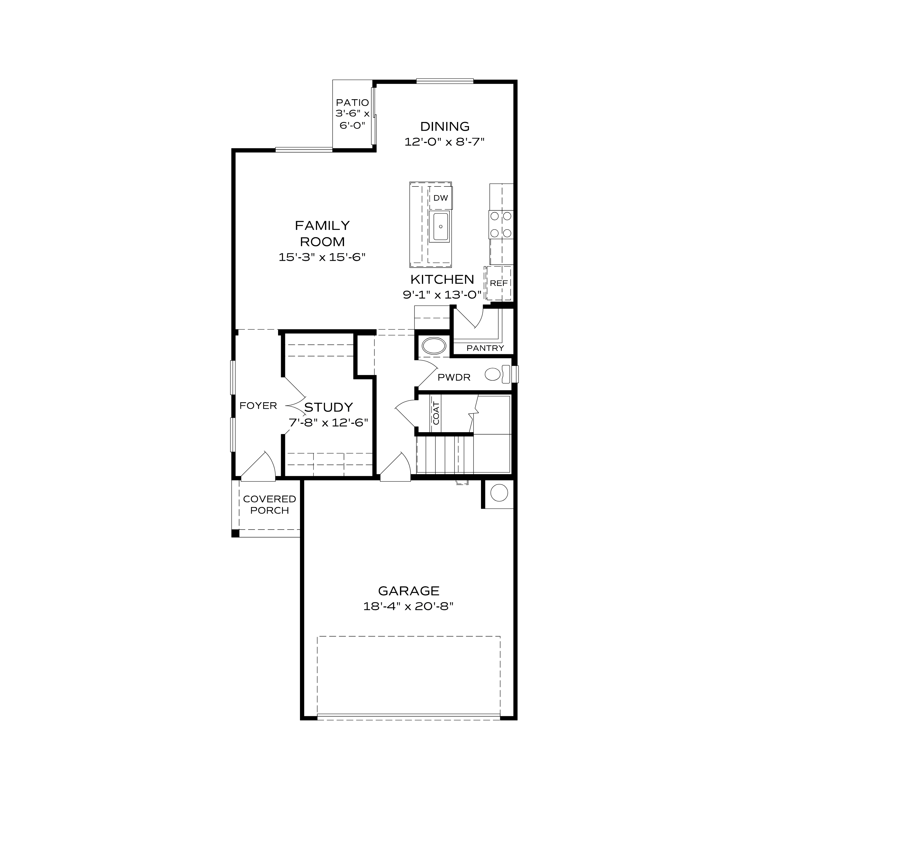 First floor plan of The Raleigh C showcasing open kitchen, family room, dining area, foyer, and attached garage