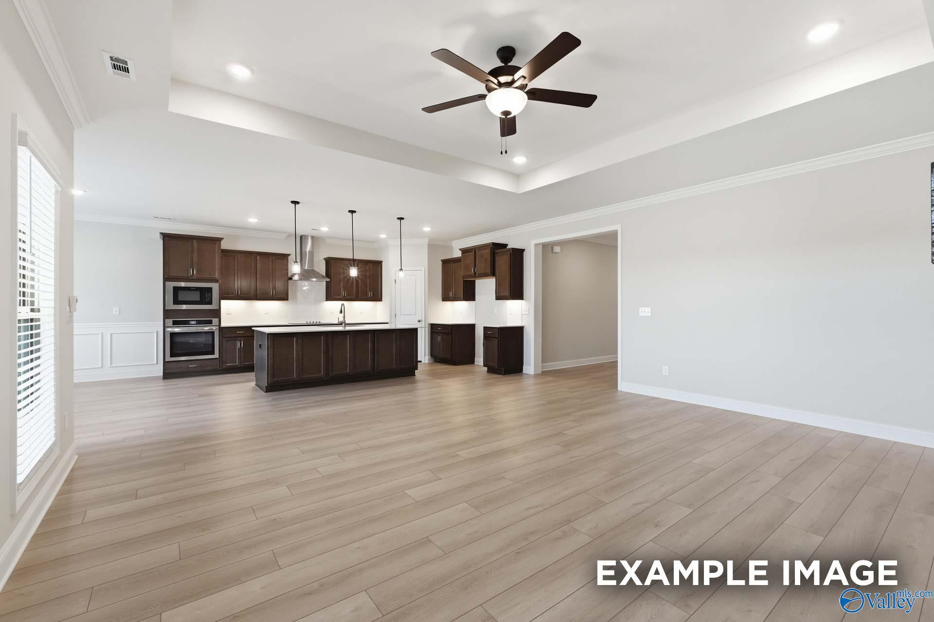 Modern open kitchen with dark wood cabinets, stainless steel appliances, and spacious island in Davidson Homes The Harrison C, Madison, Alabama