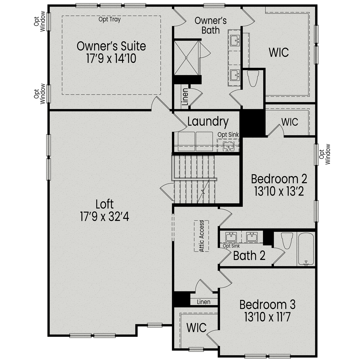 Second floor plan of The Beech C featuring owner's suite, loft, bedrooms 2-3, baths, and laundry in Davidson Homes design