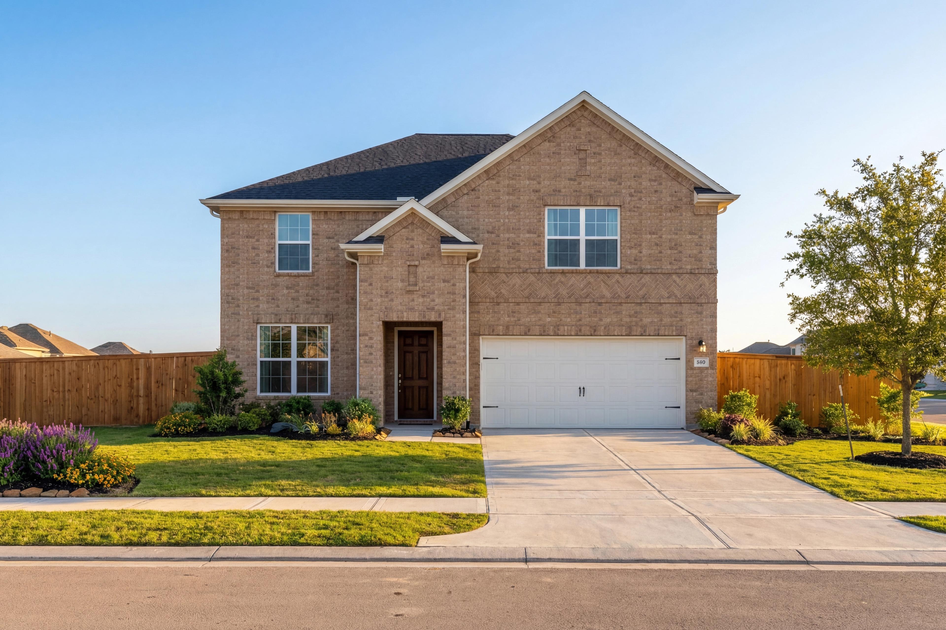 Two-story Sequoia A brick home elevation by Davidson Homes in Crosby TX, featuring 2-car garage, driveway, and landscaped yard