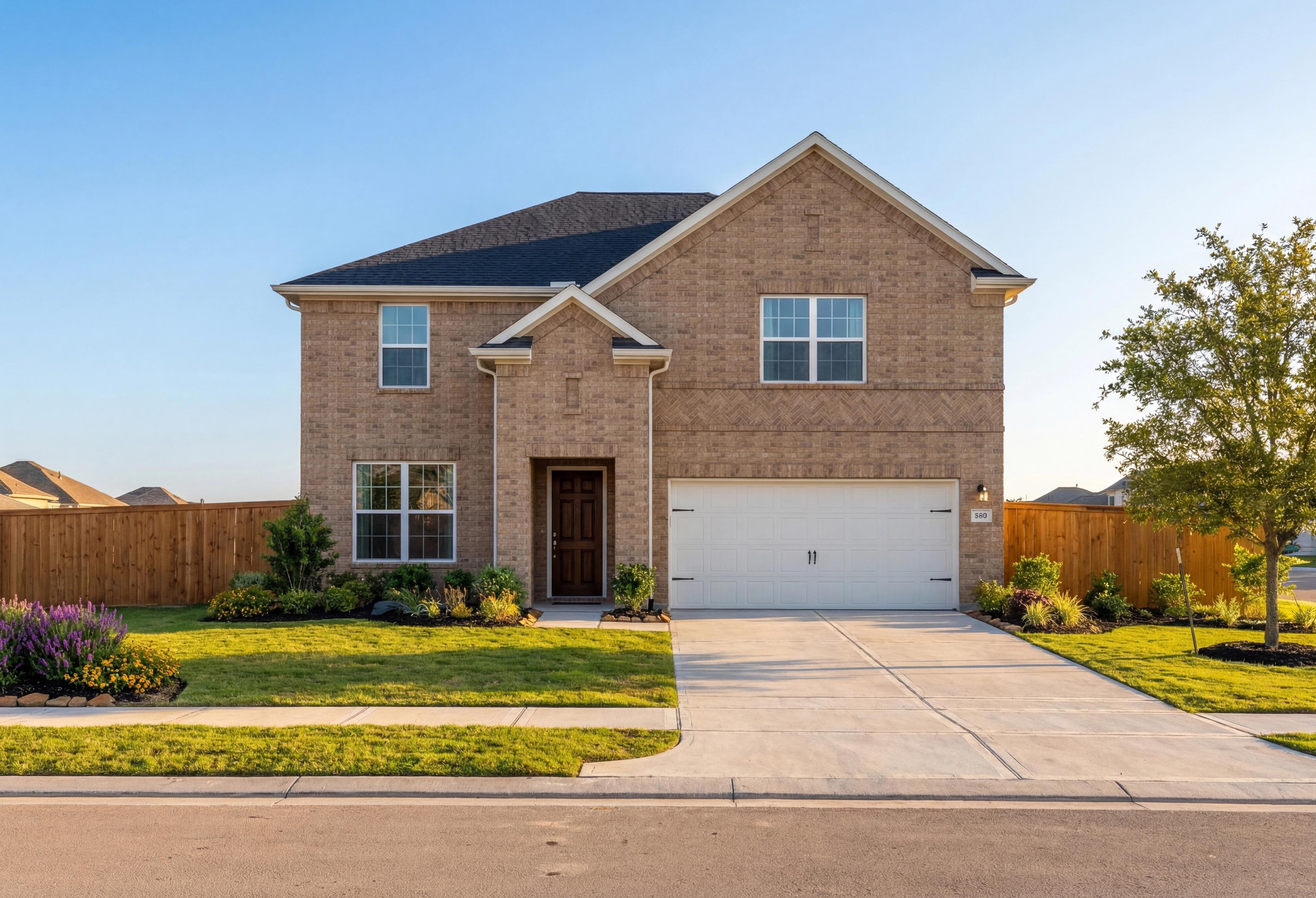 Two-story Sequoia A brick home elevation by Davidson Homes in Crosby TX, featuring 2-car garage, driveway, and landscaped yard