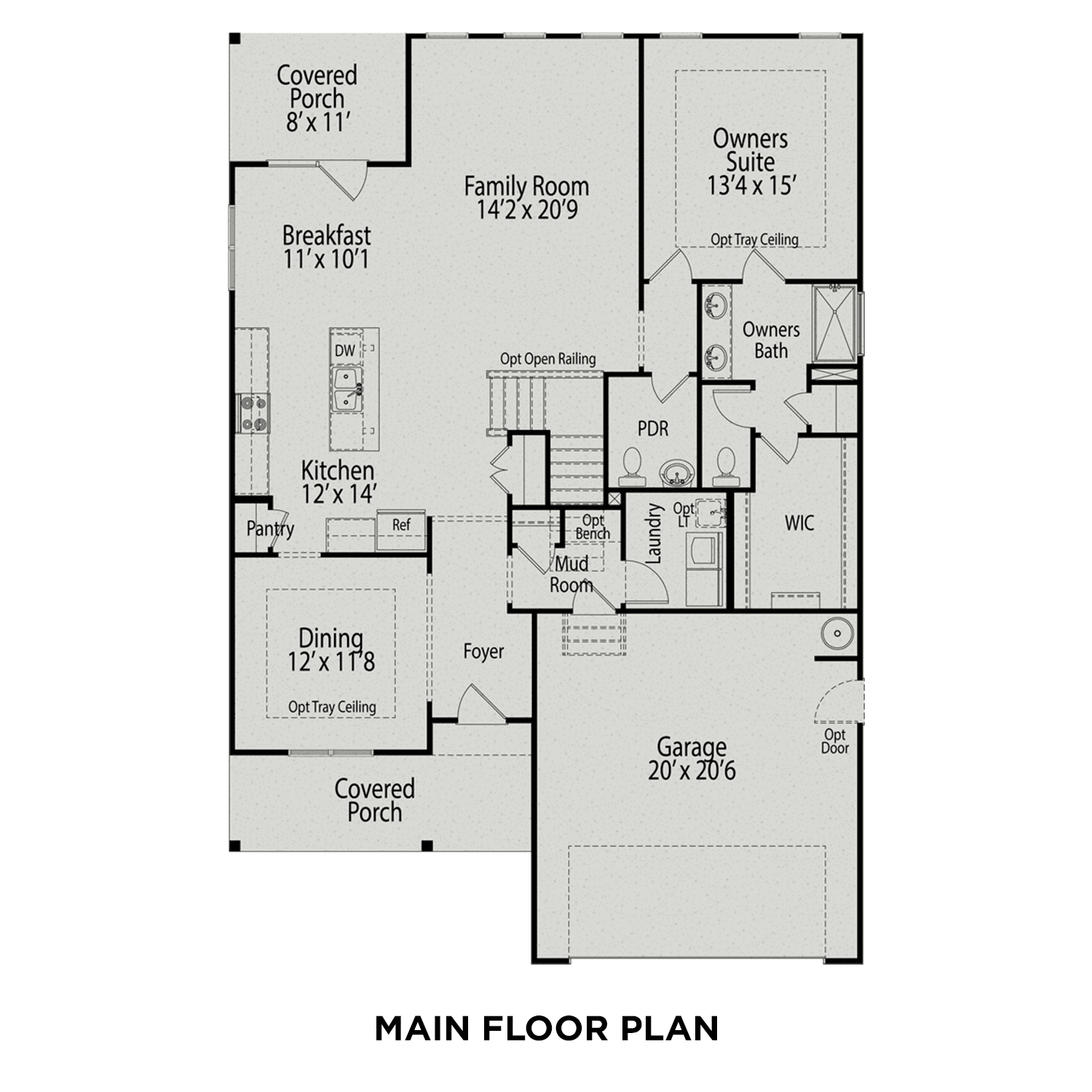 First floor plan of The Ash: open kitchen, dining, family room, master suite on main, 2-car garage by Davidson Homes
