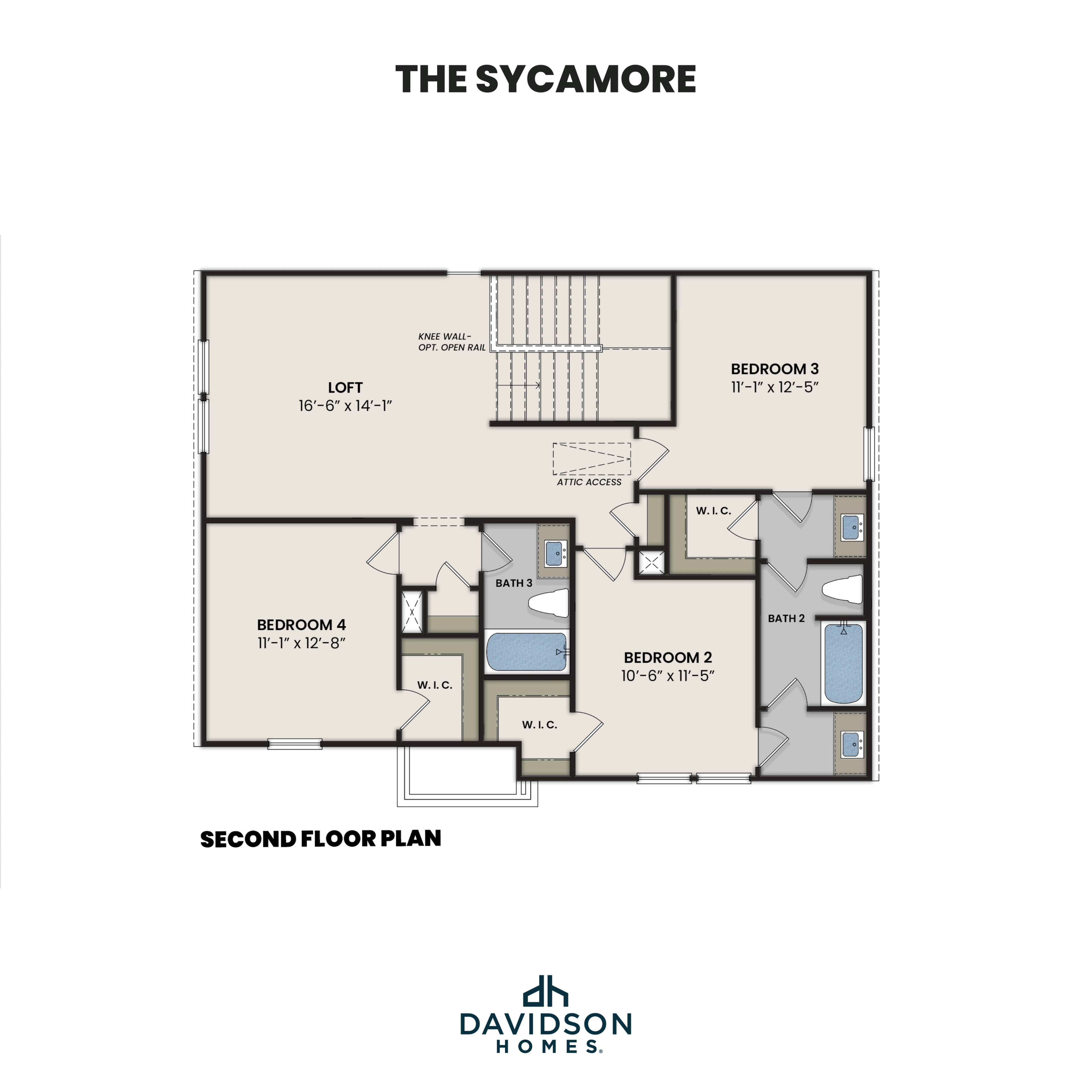 Second floor plan of The Sycamore featuring loft, bedrooms 2-4, full baths, walk-in closets, and attic access