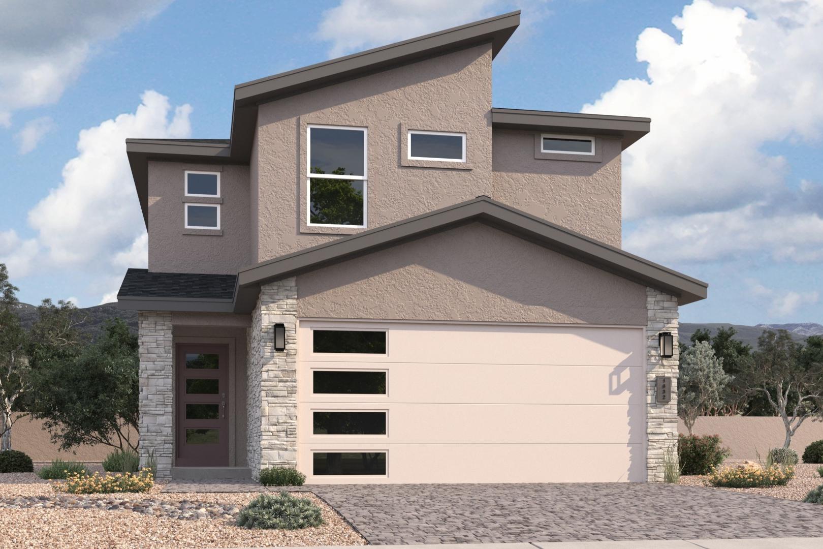 Contemporary two-story elevation of The Augusta C by Davidson Homes featuring modern siding, stone base, and desert landscaping in Prescott Arizona