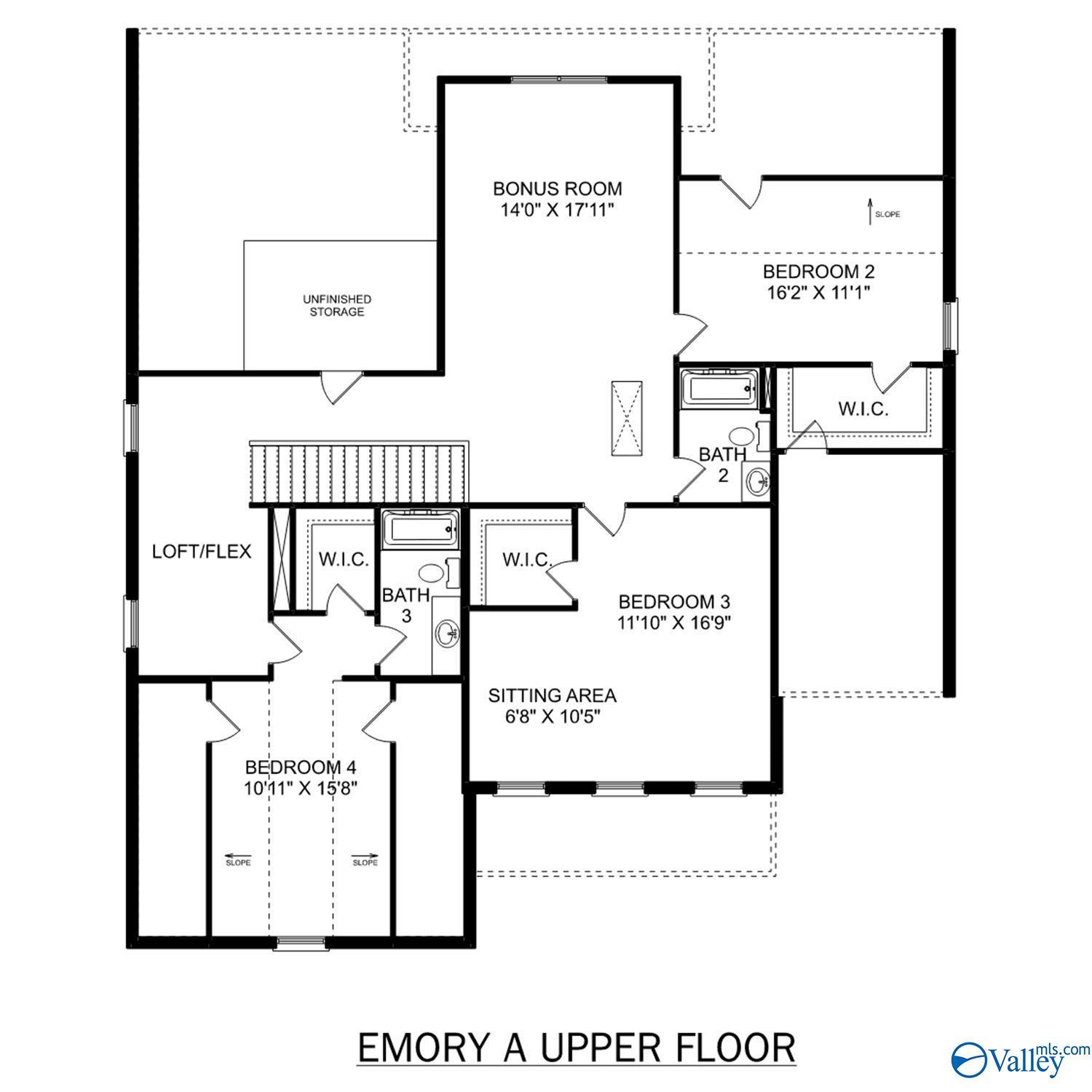 Upper floor plan of Emory A showing bonus room, loft, bedrooms 2-3, baths in 4-bed Davidson Homes, Decatur AL