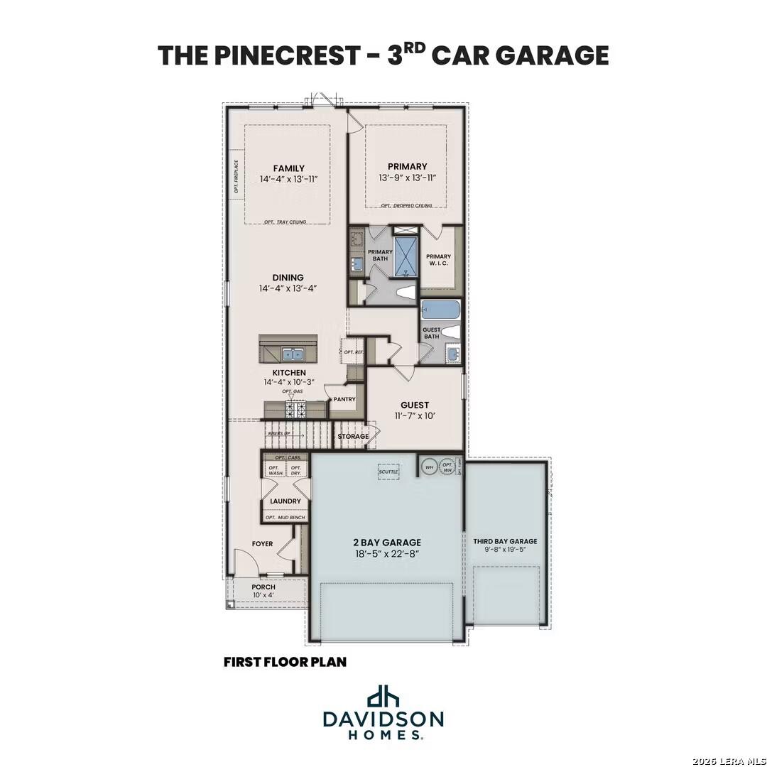 First-floor plan for The Pinecrest F by Davidson Homes in Morgan Meadows, San Antonio featuring a 3-car garage layout.